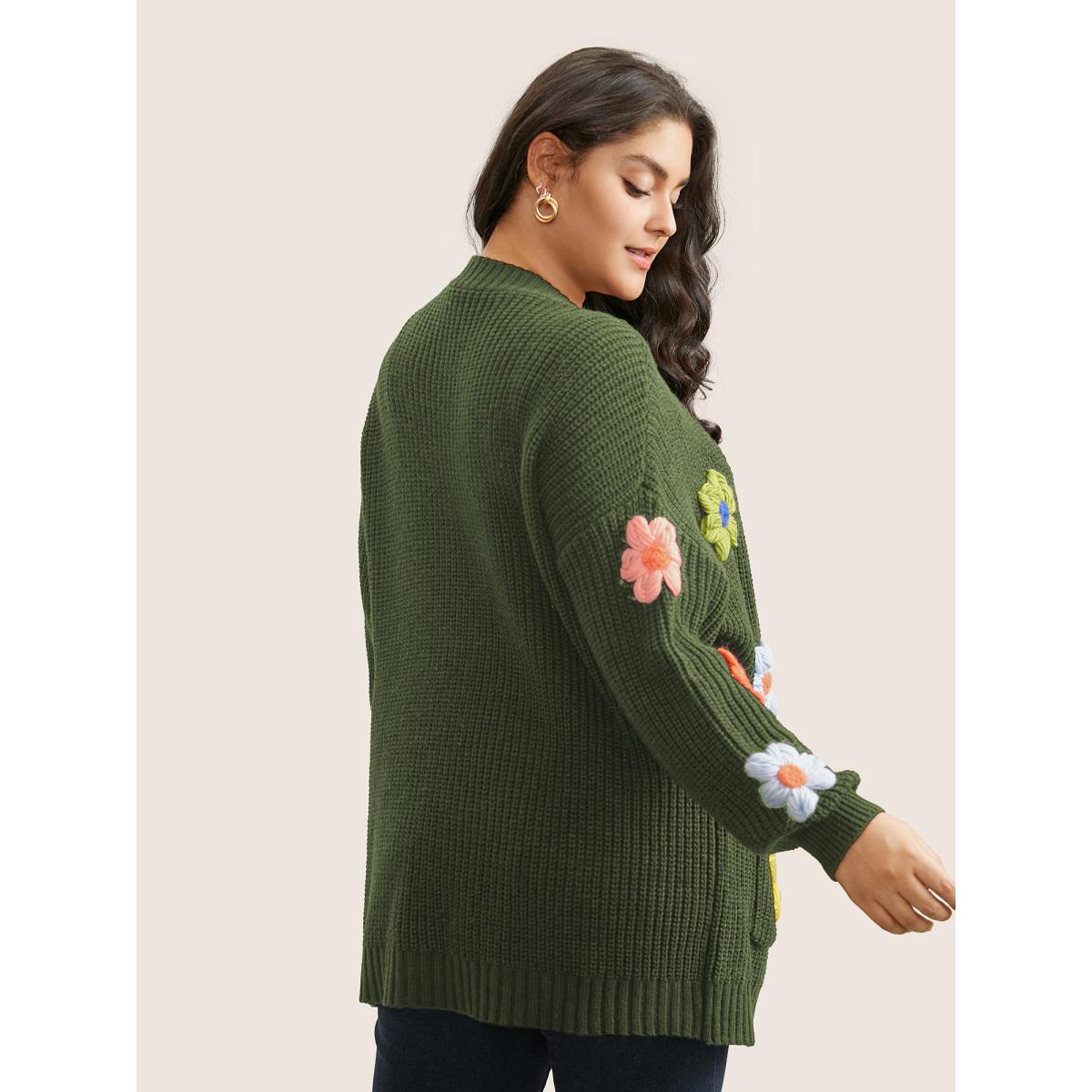 Plus Size Rainbow Floral Pocket Open Front Cardigan ArmyGreen Women Casual Long Sleeve Everyday Cardigans BloomChic 26/4X Product Image