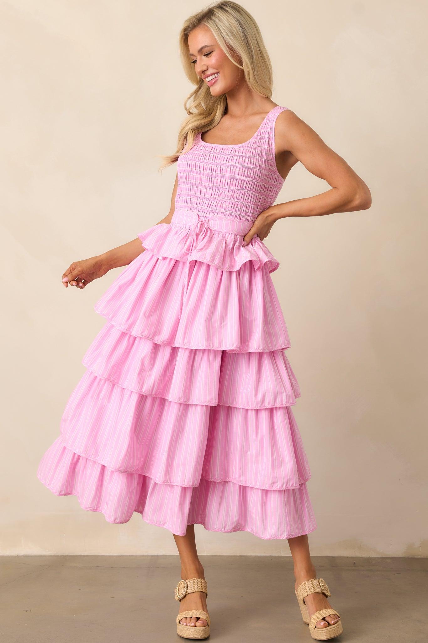 On Cloud Nine Pink Stripe Cotton Ruffle Maxi Dress Product Image