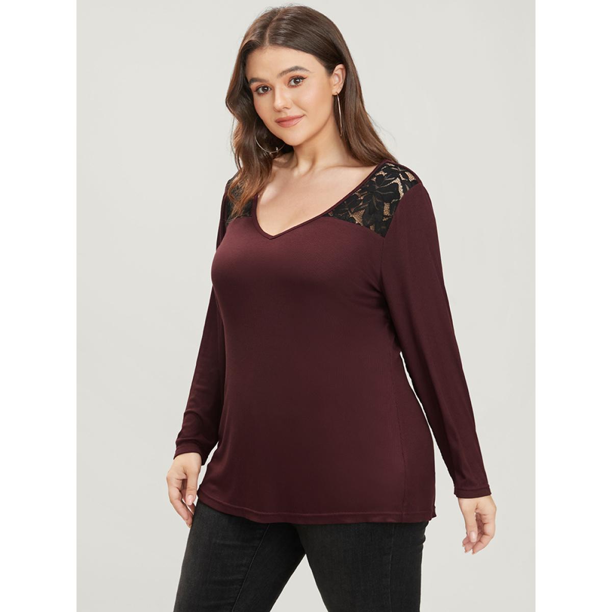 Plus Size Solid V Neck Contrast Lace Rib Knit Long Tee Scarlet Women Elegant Plain V-neck Dailywear T-shirts BloomChic 10/M Product Image