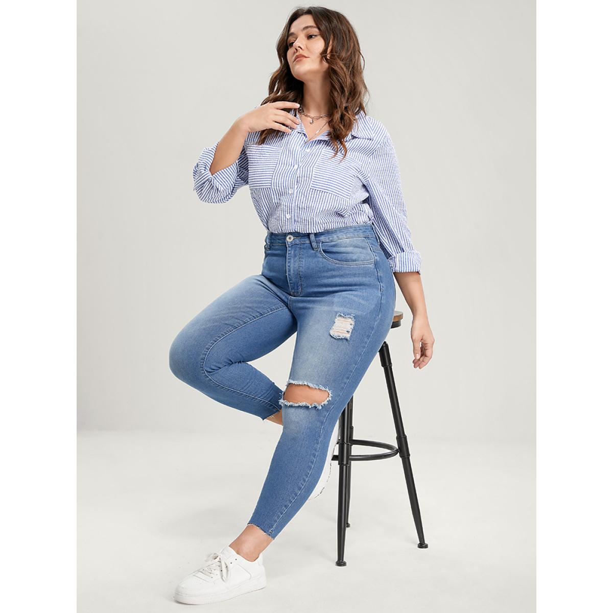 Plus Size Skinny Very Stretchy High Rise Medium Wash Distressed Jeans Women LightBlue Casual Plain High stretch Pocket Jeans BloomChic 14/1X Product Image