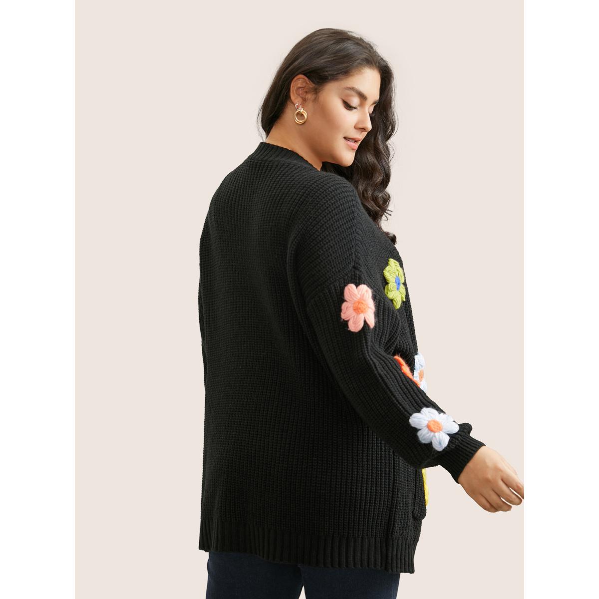 Plus Size Rainbow Floral Pocket Open Front Cardigan Black Women Playful Long Sleeve Casual Cardigans BloomChic 26/4X Product Image