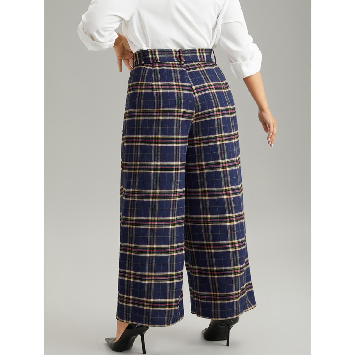 Plus Size Plaid Pocket Eyelet Belted Straight Leg Pants Women Indigo Office Straight Leg High Rise Office Pants BloomChic 28/5X Product Image