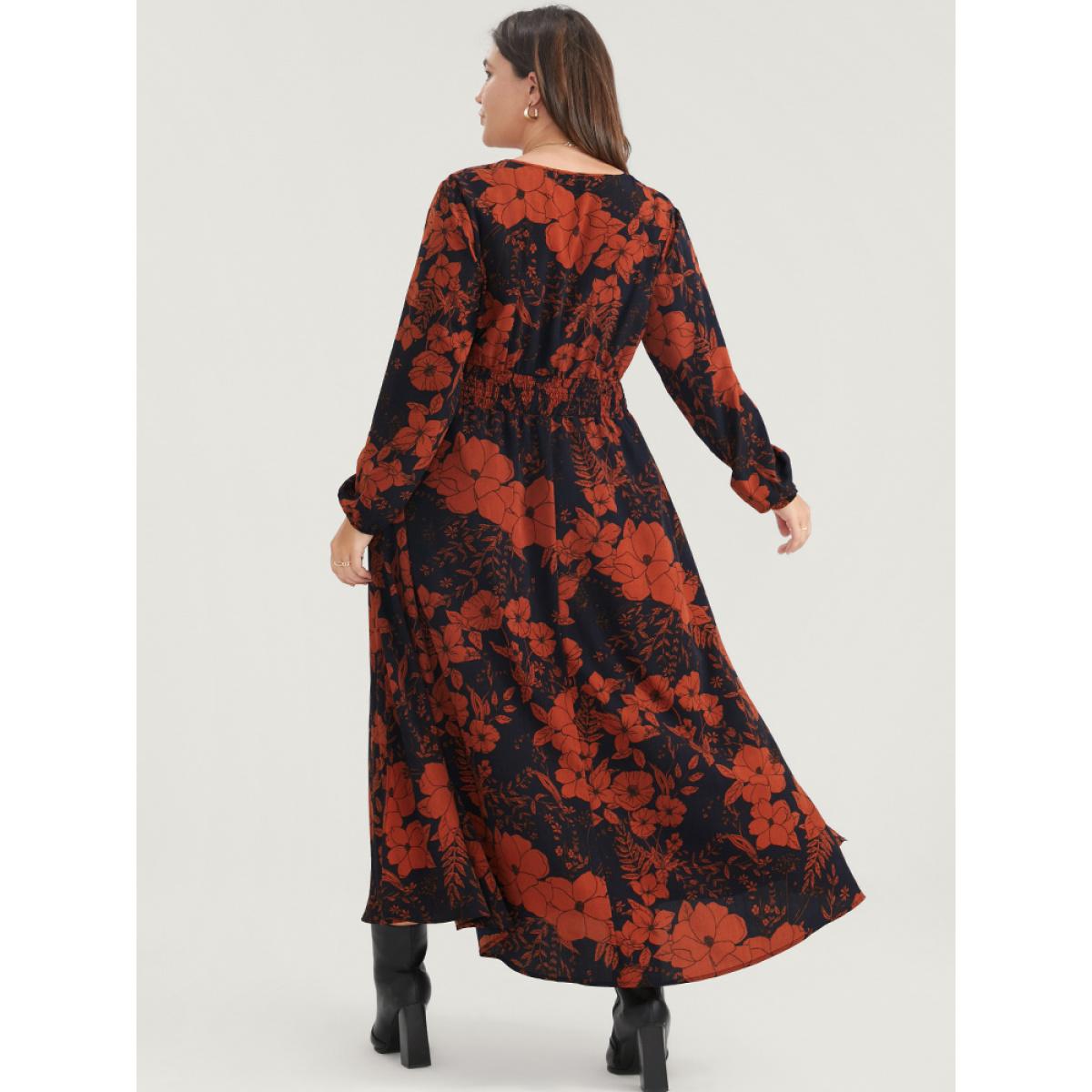 Plus Size Floral Print Pocket Wrap Lantern Sleeve Split Hem Dress Navy Women Elegant Pocket V-neck Long Sleeve Curvy Midi Dress BloomChic 10/M Product Image
