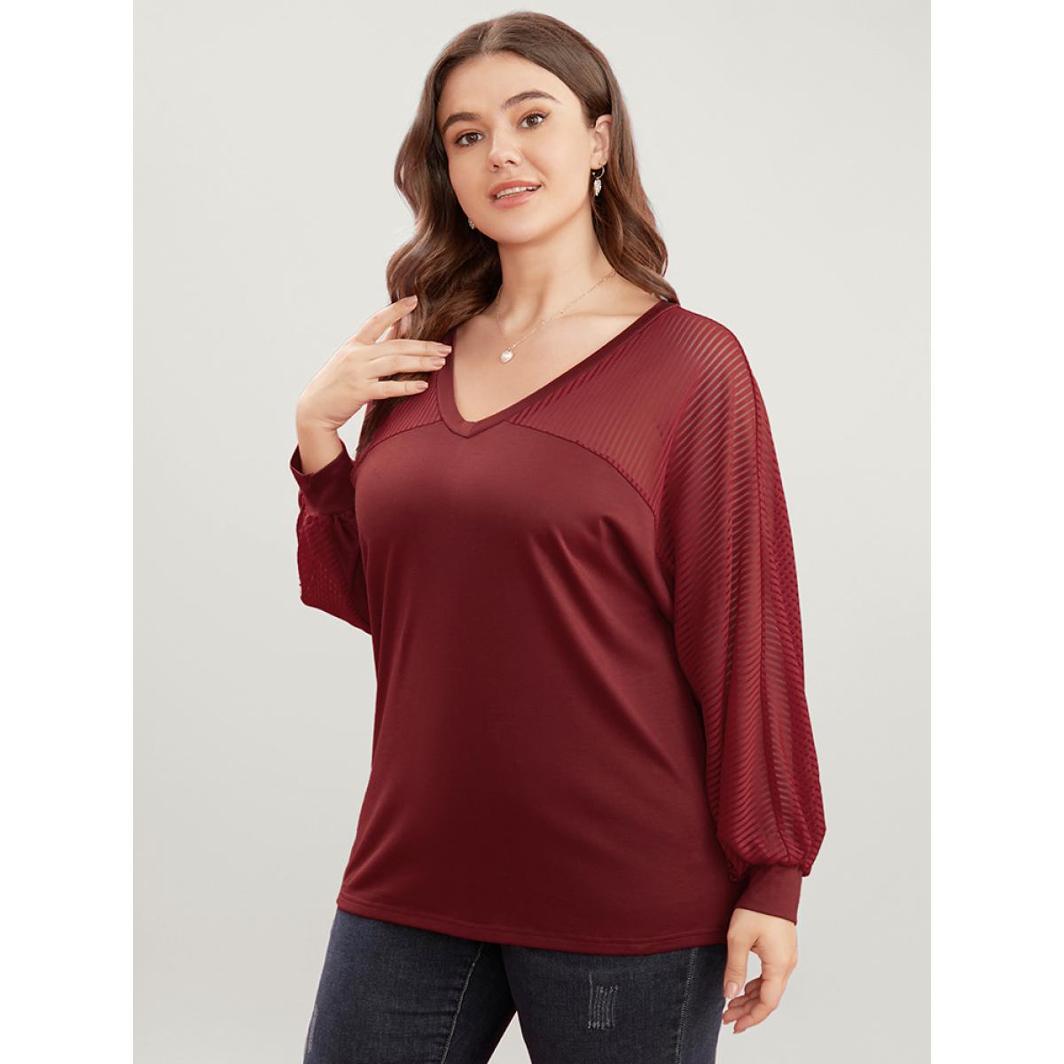 Plus Size Striped Mesh Patchwork Dolman Sleeve V Neck Long Tee Scarlet Women Elegant See through Plain Round Neck Dailywear T-shirts BloomChic 10/M Product Image
