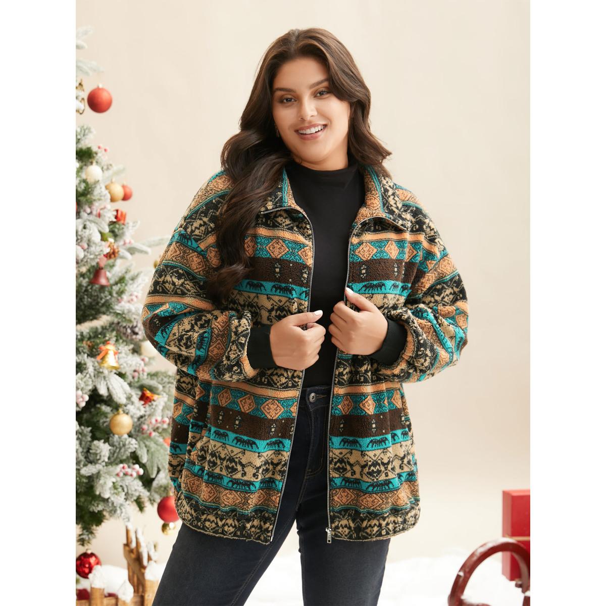 Plus Size Holiday Zipper Collared Jacket Women Multicolor Contrast Loose Slanted pocket Everyday Jackets BloomChic 14-16/1X Product Image