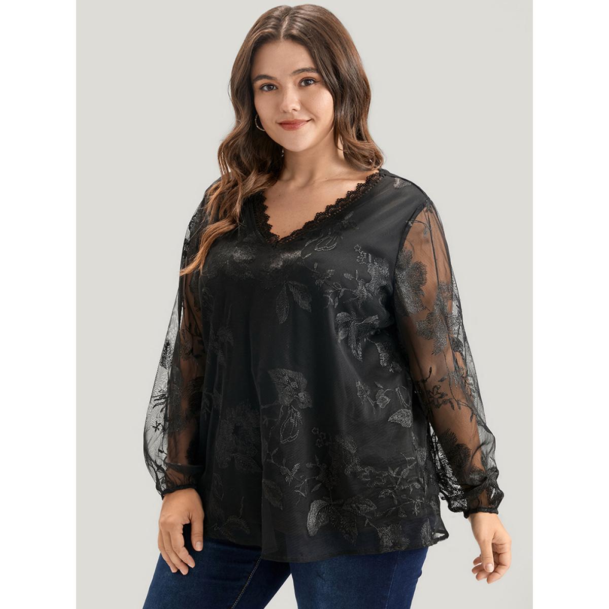 Plus Size Black Floral Lace Mesh Lantern Sleeve Blouse Women Glamour Long Sleeve V-neck Going out Blouses BloomChic 18-20/2X Product Image