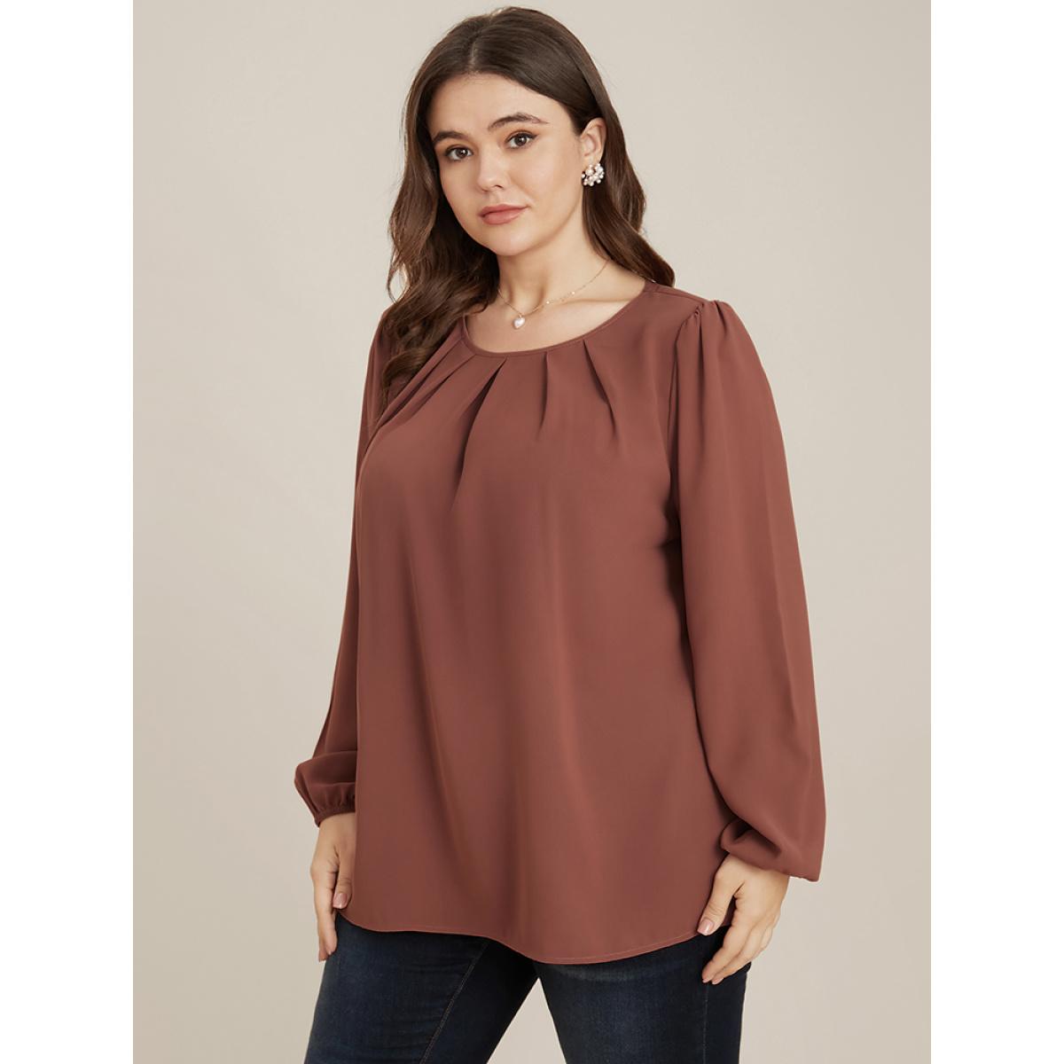 Plus Size DustyPink Solid Round Neck Pleated Lantern Sleeve Blouse Women Elegant Long Sleeve Round Neck Dailywear Blouses BloomChic 30/6X Product Image