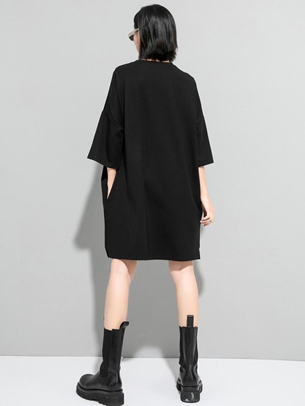 Original Black Zipper Batwing Sleeve Round-Neck Mini Dress Product Image