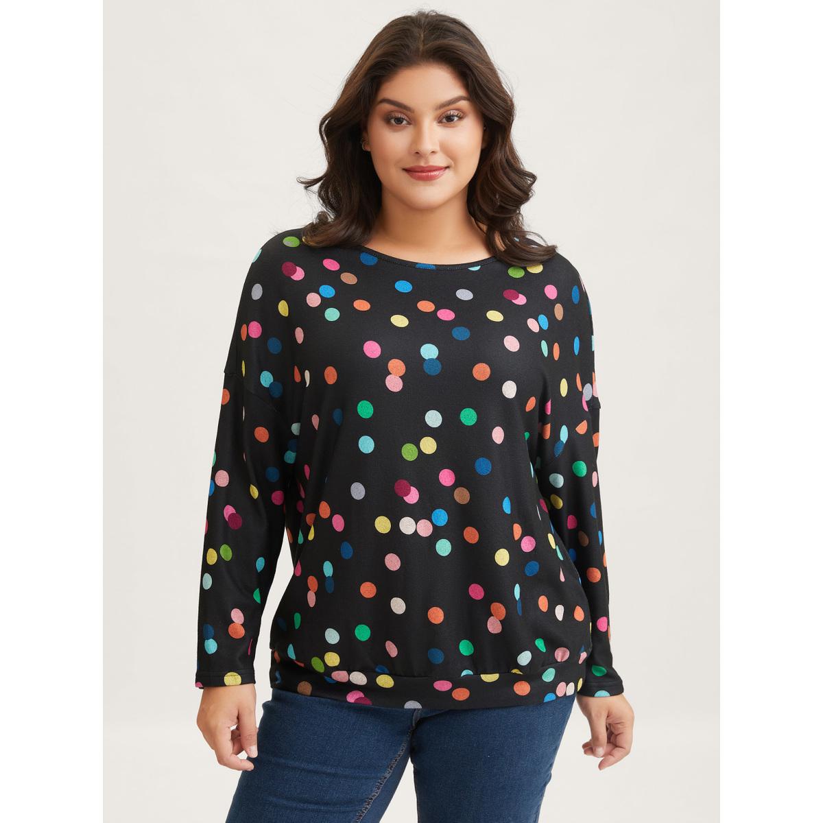 Plus Size Color Polka Dot Drop Shoulder T-Shirt Black Women Playful Contrast Round Neck Casual T-shirts BloomChic 28/5X Product Image