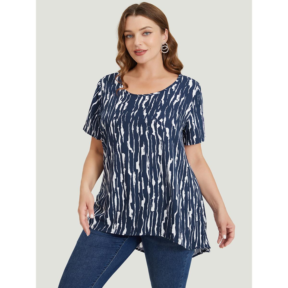 Plus Size Indigo Water Ripple High Low Hem Blouse Women Elegant Short sleeve Round Neck Dailywear Blouses BloomChic 22-24/3X Product Image