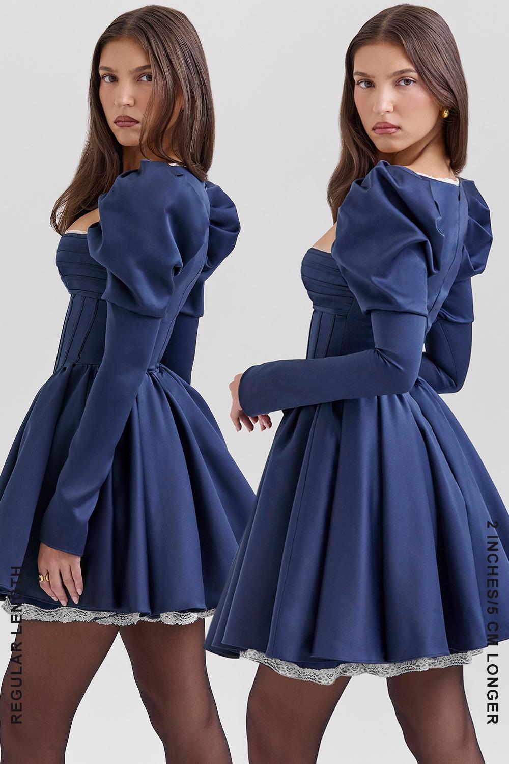 Venetia  midnight satin puff sleeve mini dress - sale Product Image