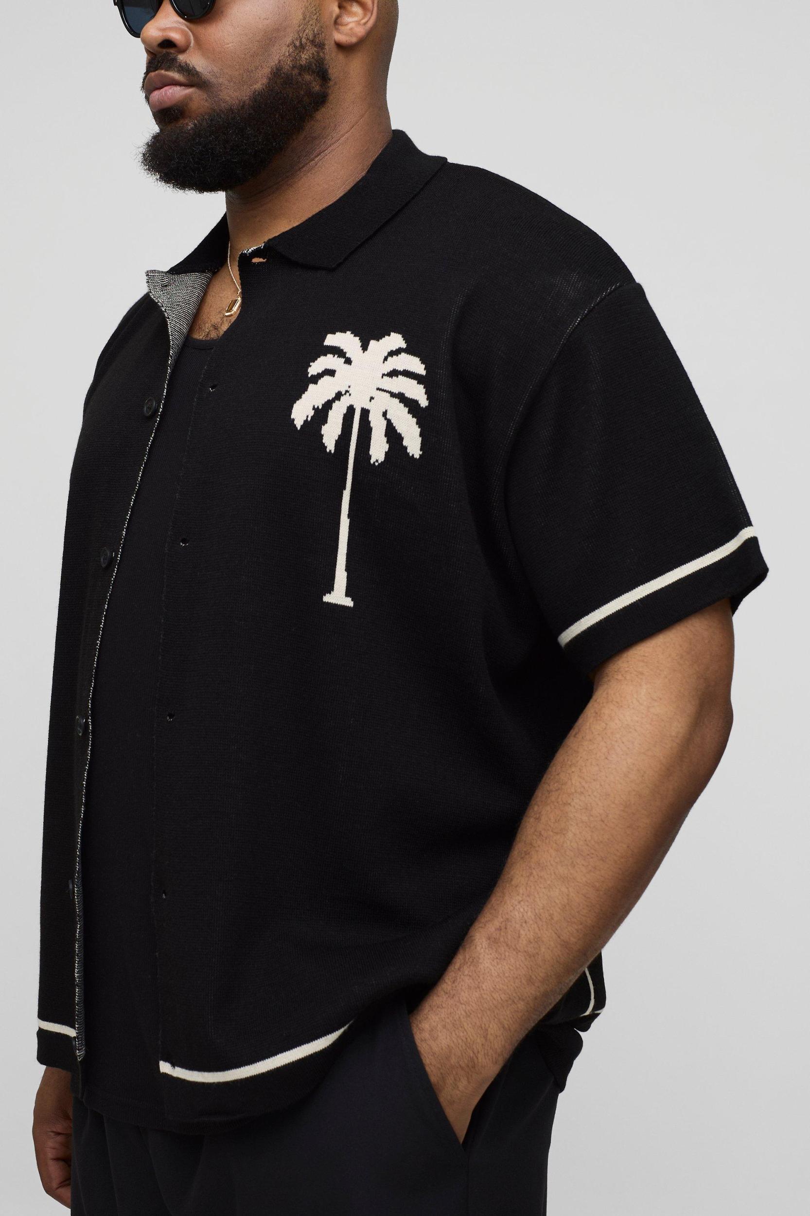 Plus Relaxed Palm Scenic Jacquard Knitted Shirt | boohooMAN USA Product Image