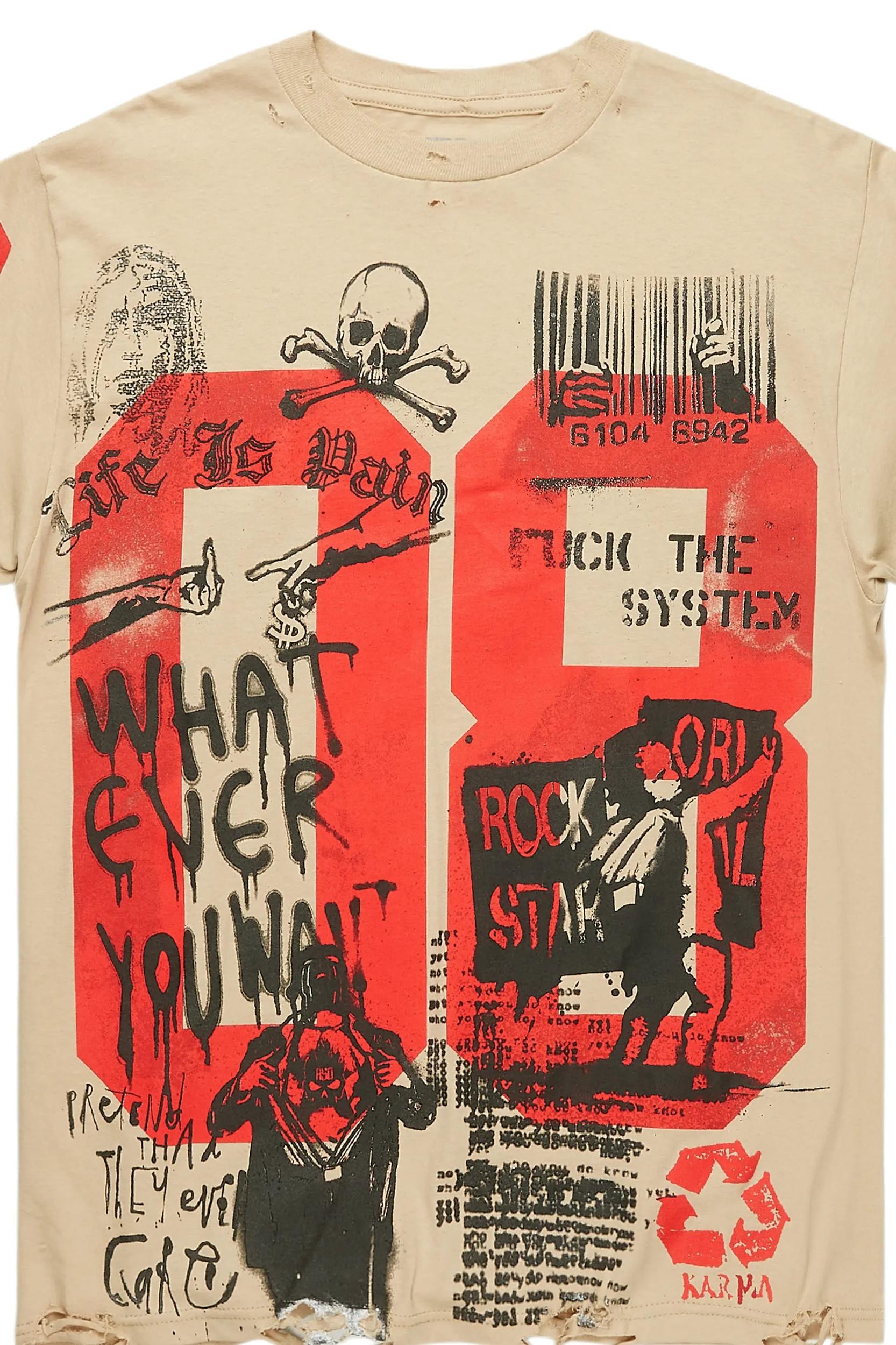 Grill Beige Graphic Oversized T-Shirt Male Product Image