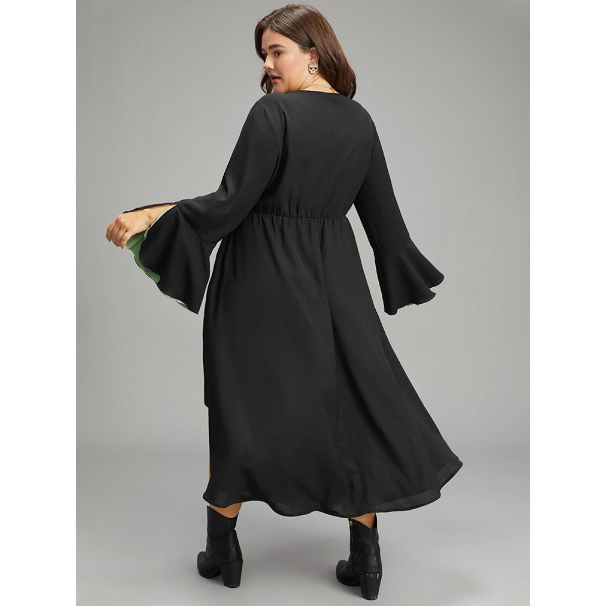 Plus Size Halloween Contrast Split Bell Sleeve High Low Hem Dress Navy Women Glamour Lined Round Neck Long Sleeve Curvy Midi Dress BloomChic 28/5X Product Image
