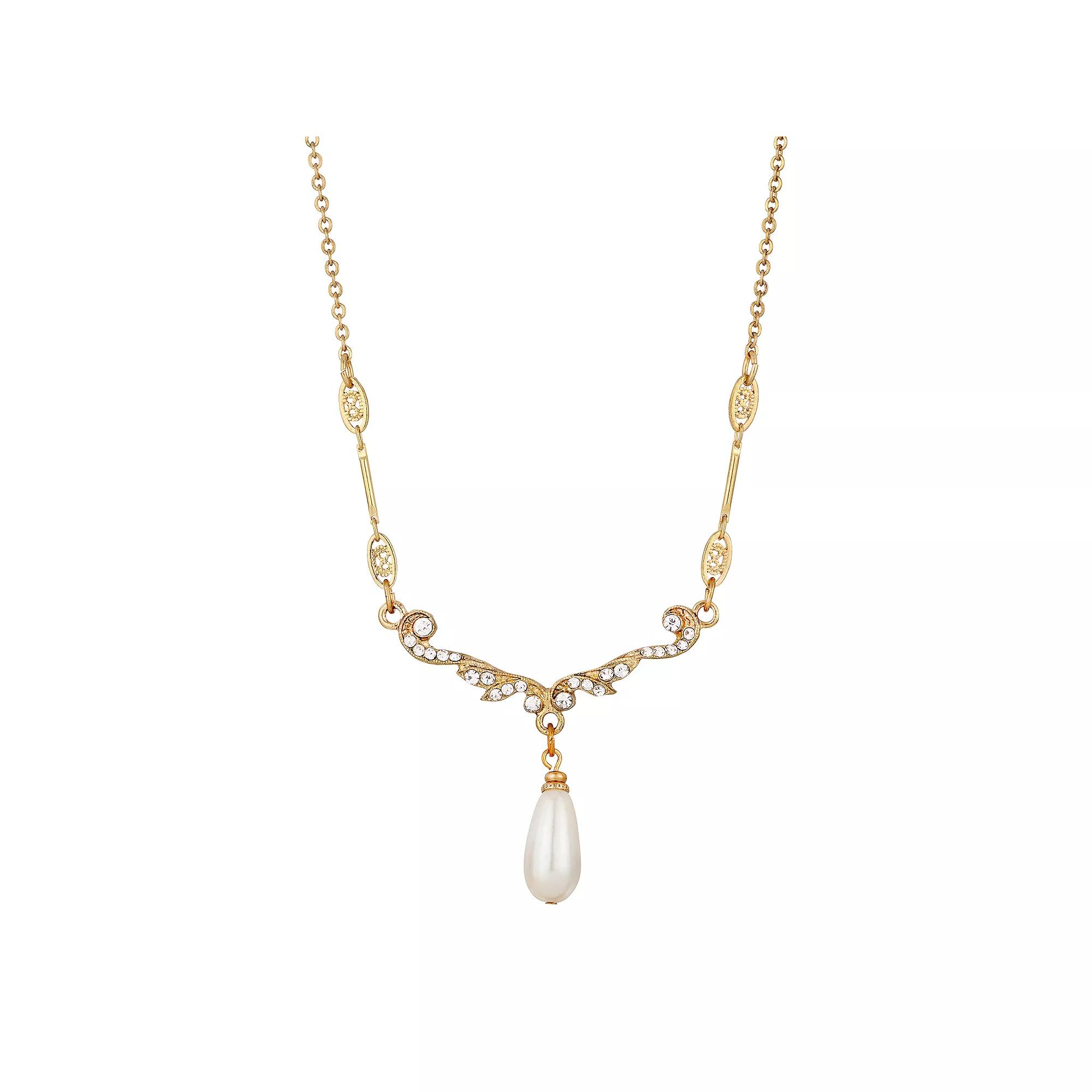 1928 Gold Tone Crystal Studded Bar Simulated Pearl Pendant Necklace, Womens, White Product Image