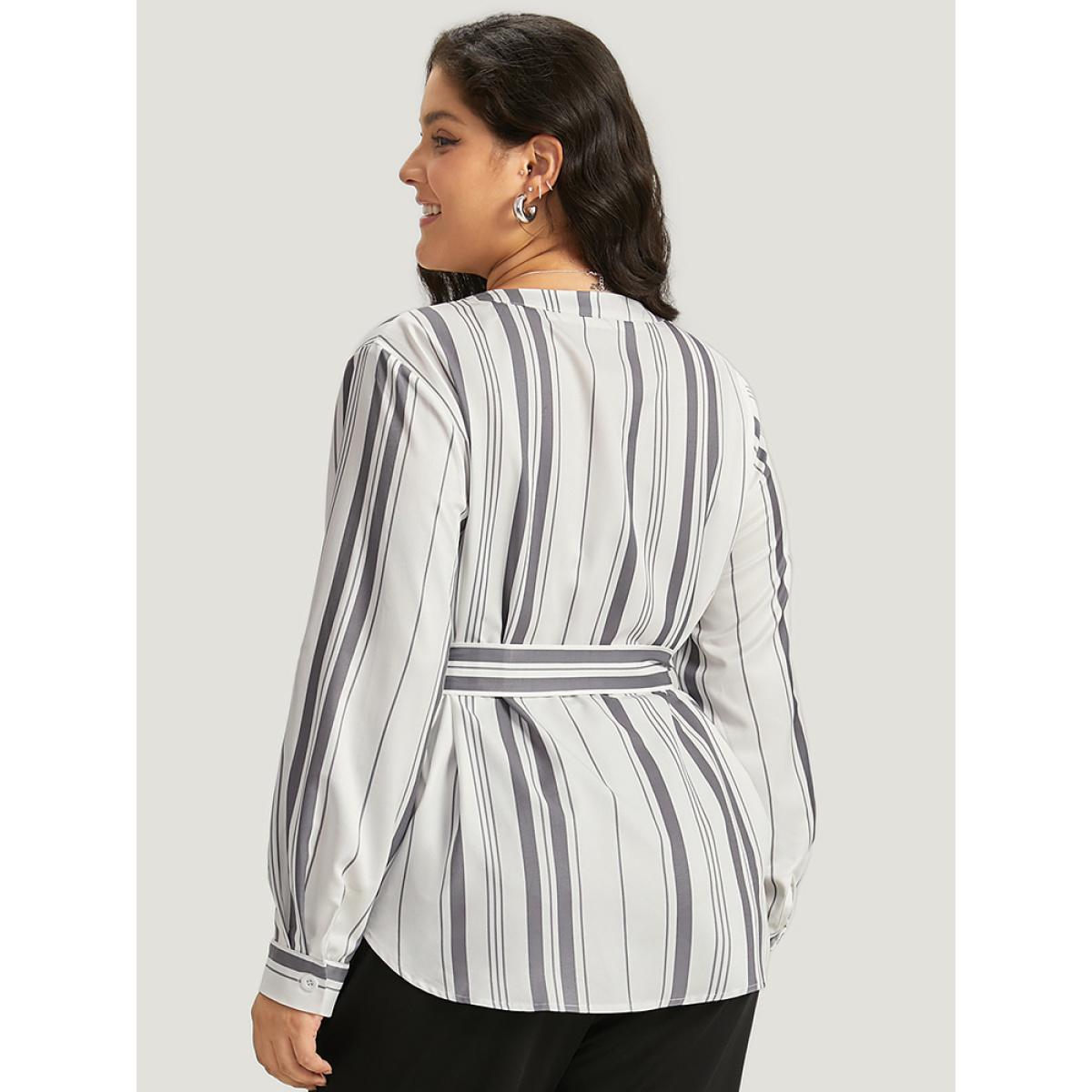 Plus Size Ivory Striped Arc Hem Belted Roll Tab Sleeve Blouse Women Office Long Sleeve V-neck Work Blouses BloomChic 14-16/1X Product Image