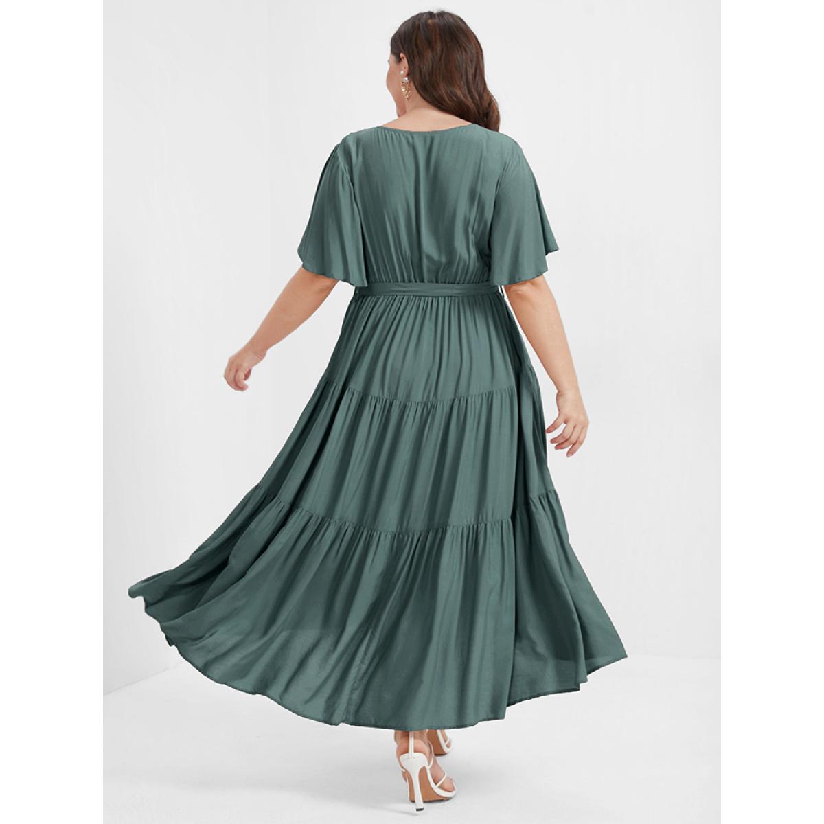 Plus Size Solid Button Pocket Belted Ruffles Wrap Midi Dress Emerald Women Elegant Cross straps V-neck Short sleeve Curvy Long Dress BloomChic 26/4X Product Image