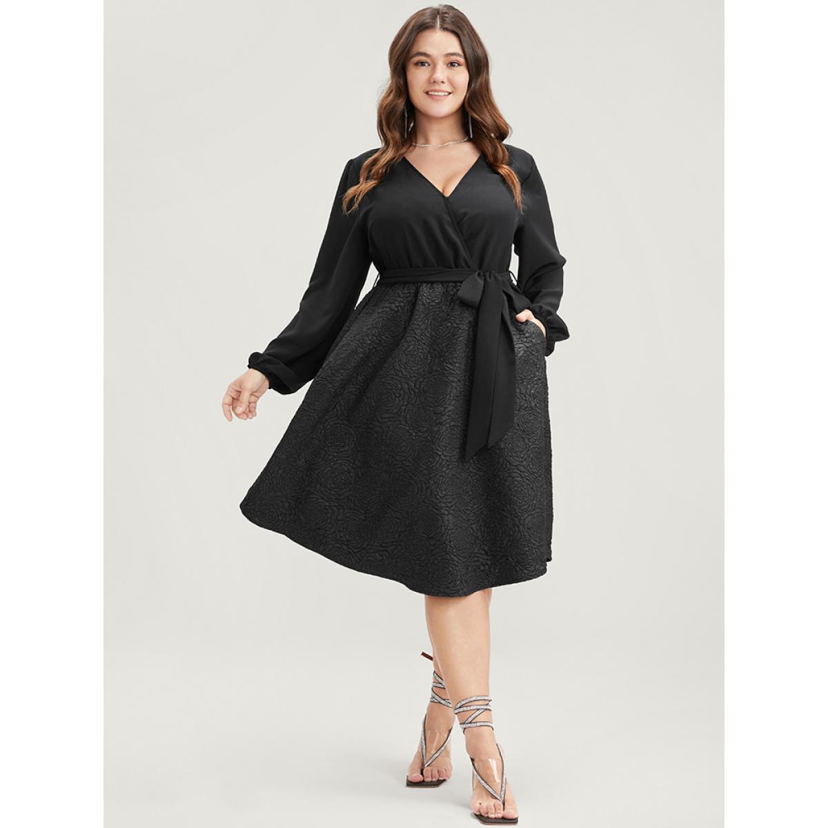 Plus Size Solid Patchwork Wrap Pocket Belted Rose Textured Dress Black Women Office Patchwork V-neck Long Sleeve Curvy Knee Dress BloomChic 30/6X Product Image