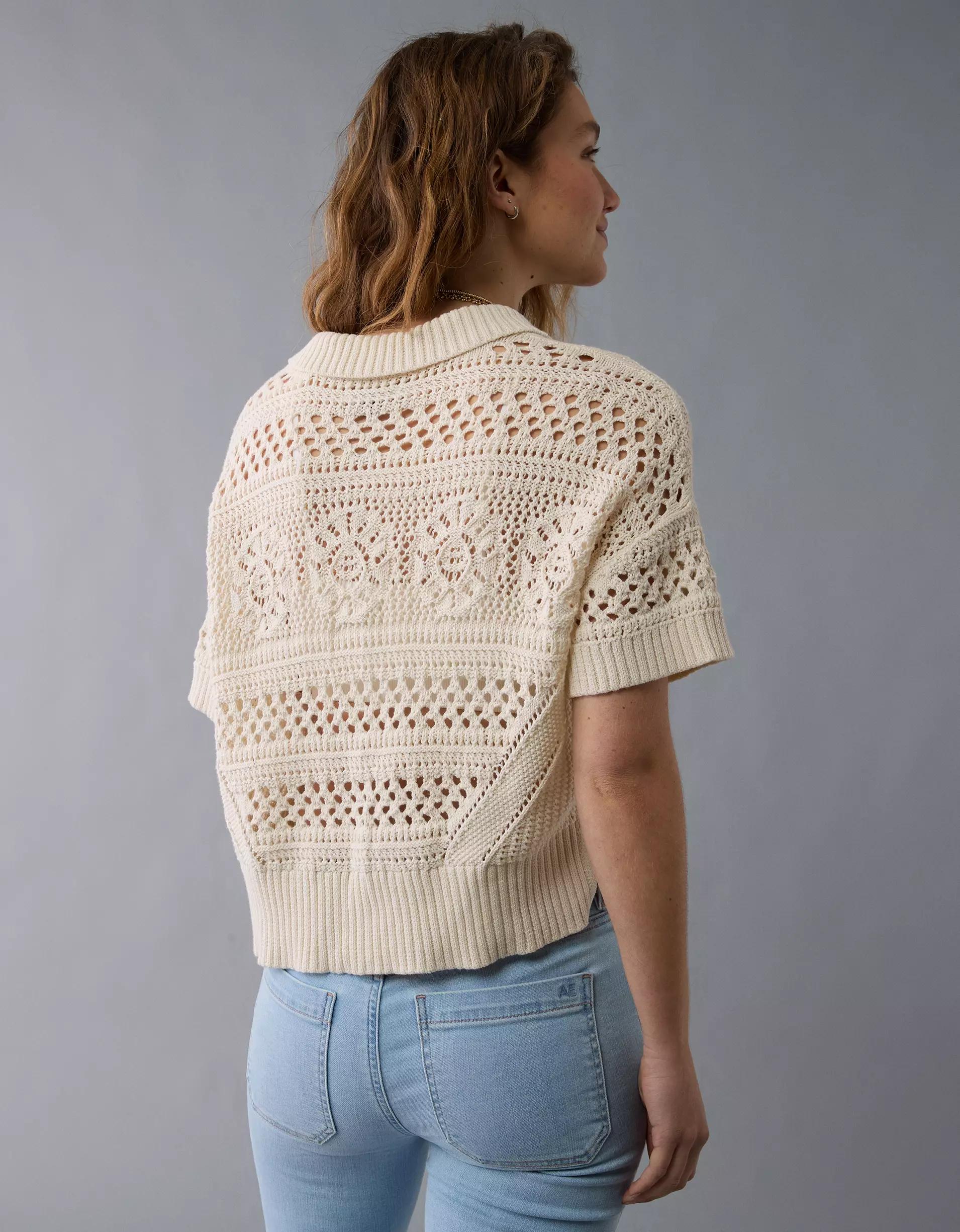 AE Crochet Button-Up Sweater Polo Shirt Product Image