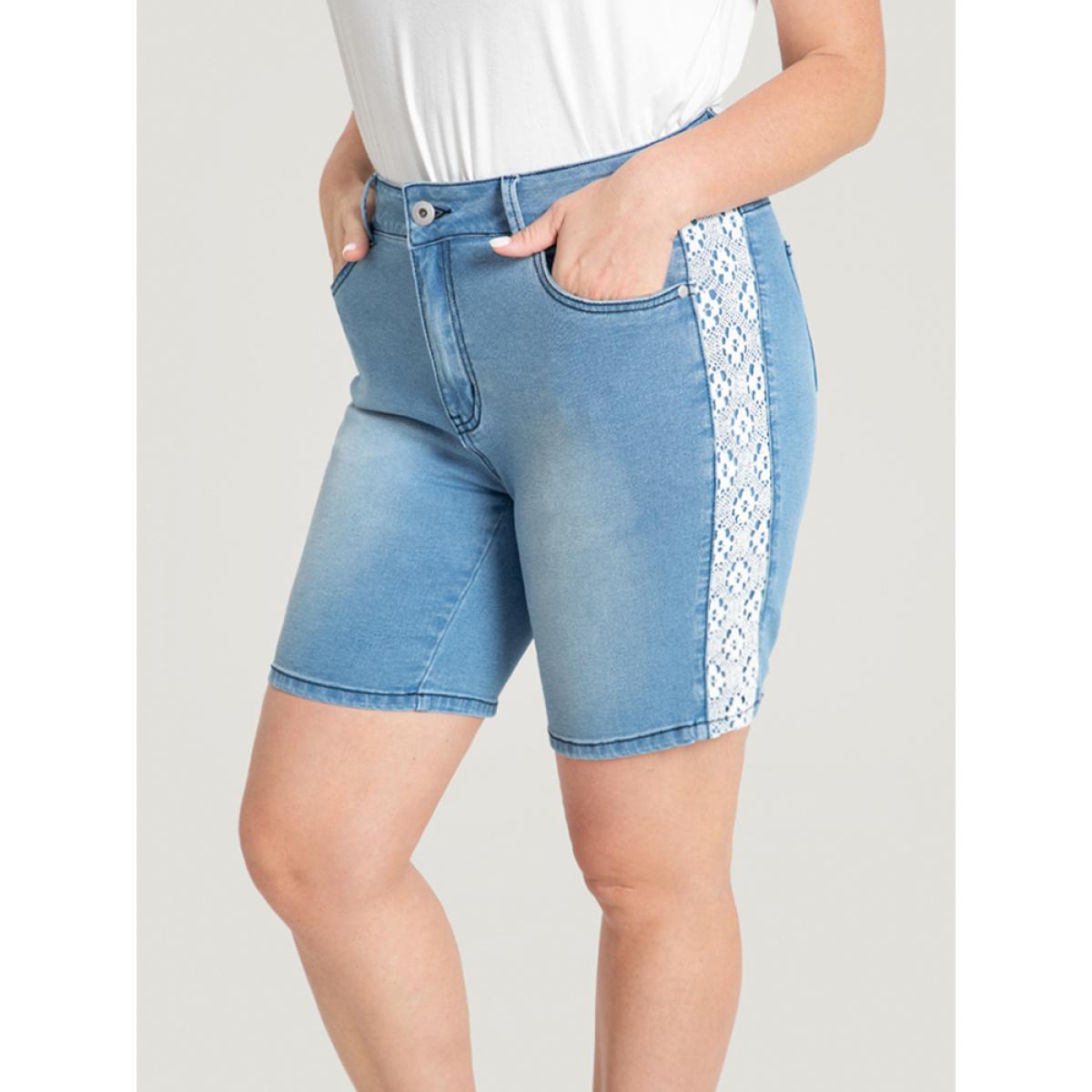 Plus Size Very Stretchy High Rise Light Wash Contrast Lace Denim Shorts Women LightBlue High stretch Dailywear Casual Denim Shorts BloomChic 12/L Product Image