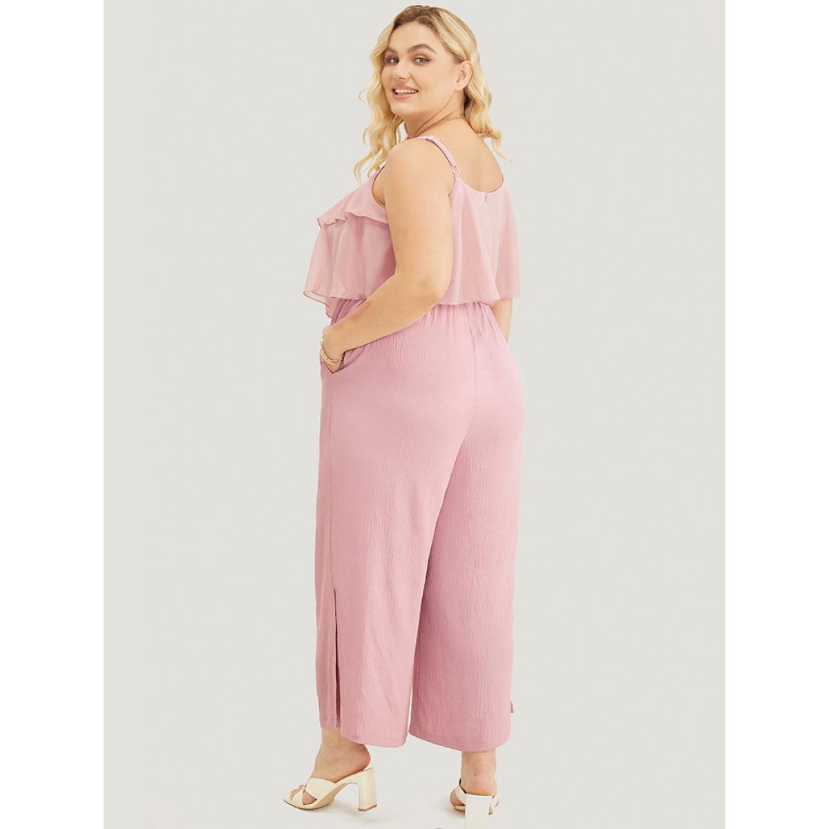 Plus Size MistyRose Solid Ruffle Trim Pocket Split Hem Keyhole Cami Jumpsuit Women Elegant Sleeveless Spaghetti Strap Dailywear Loose Jumpsuits BloomChic 10/M Product Image