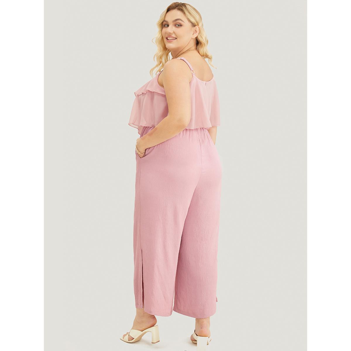 Plus Size MistyRose Solid Ruffle Trim Pocket Split Hem Keyhole Cami Jumpsuit Women Elegant Sleeveless Spaghetti Strap Dailywear Loose Jumpsuits BloomChic 10/M Product Image