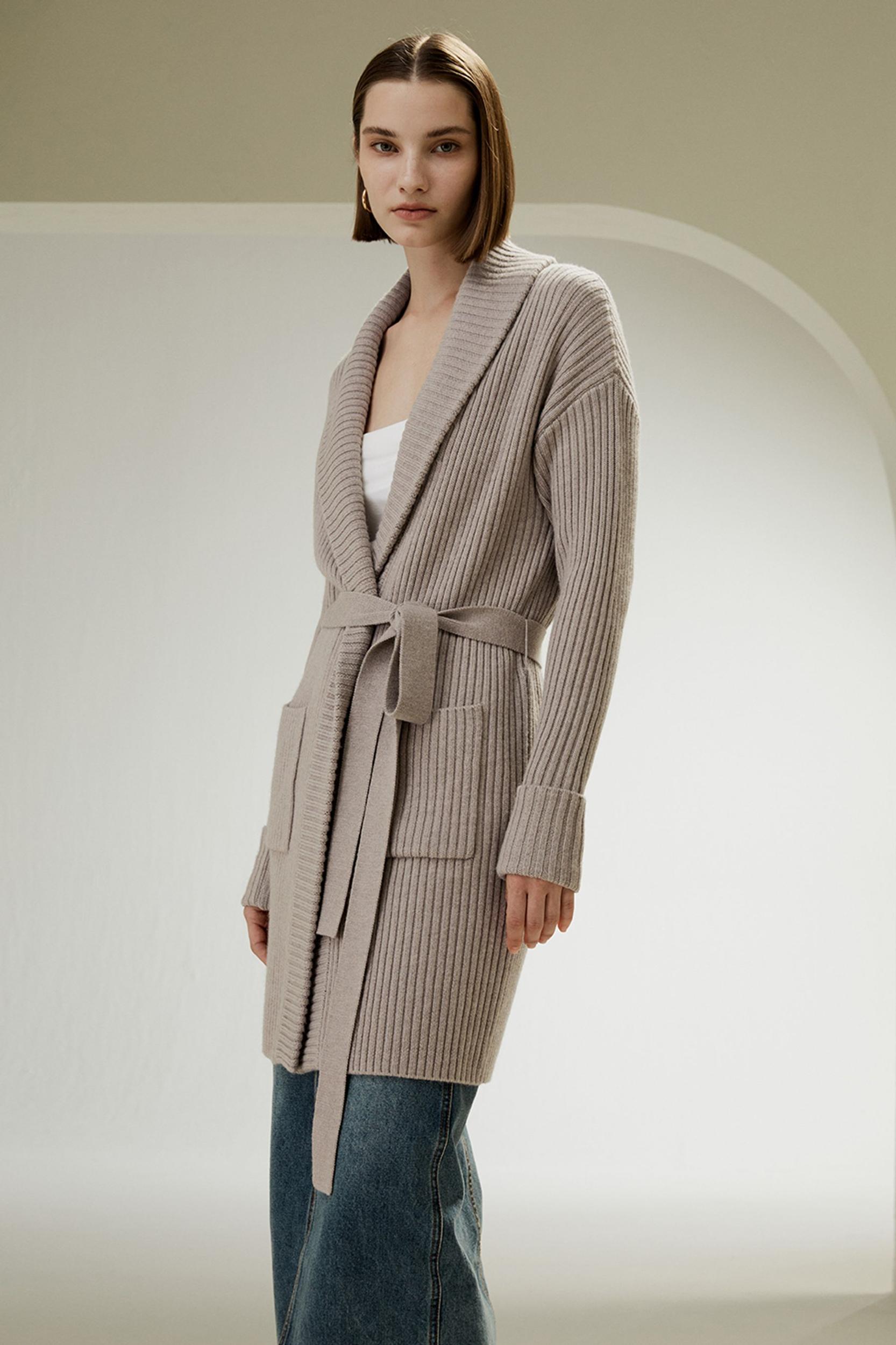 LILYSILK Wool Cardigans Womens Camel Pure Wool Elegant Belted Sweater L Product Image