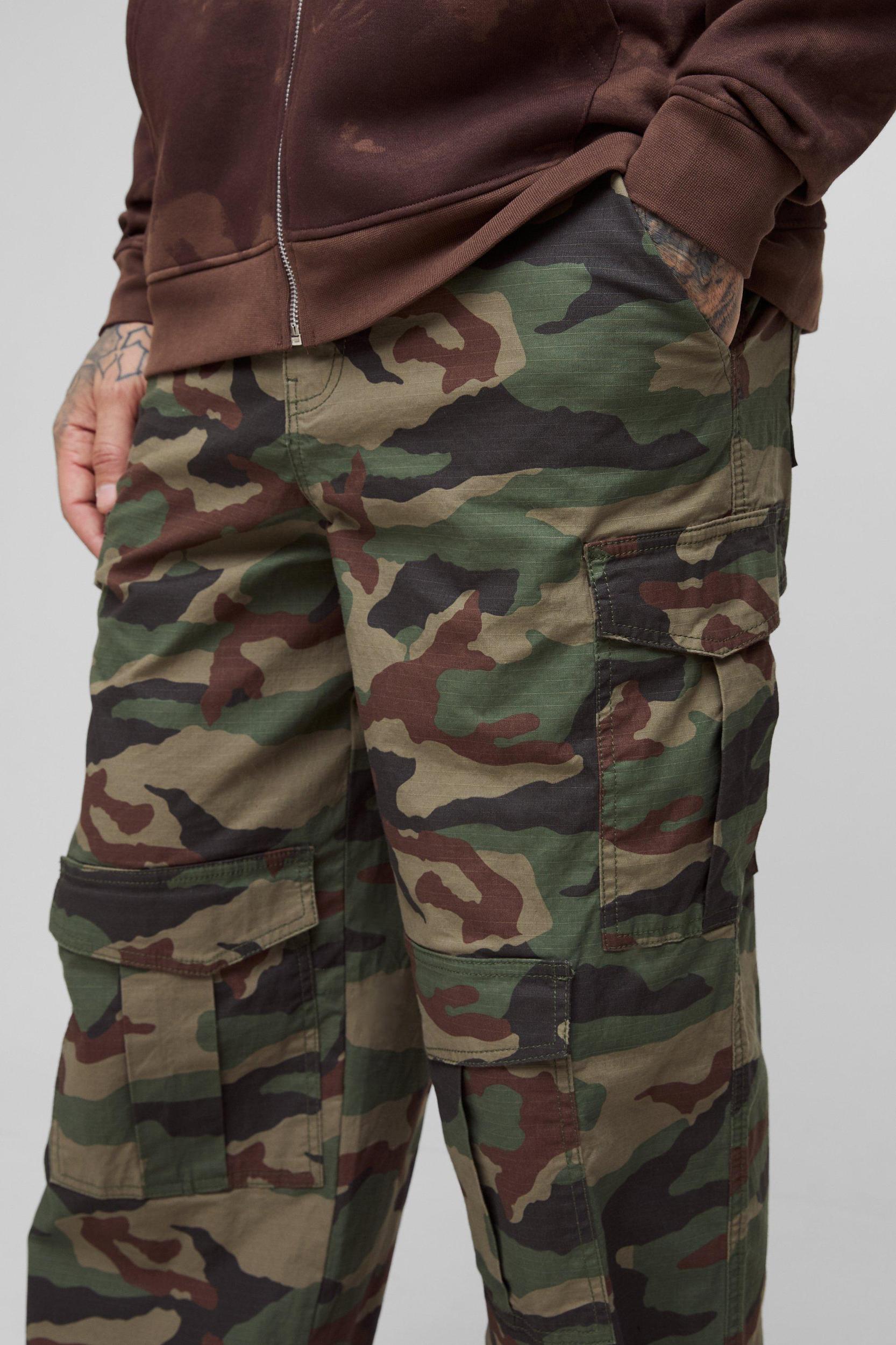 Tall Baggy Fit Distressed Canvas Camo Cargo Pants | boohooMAN USA Product Image