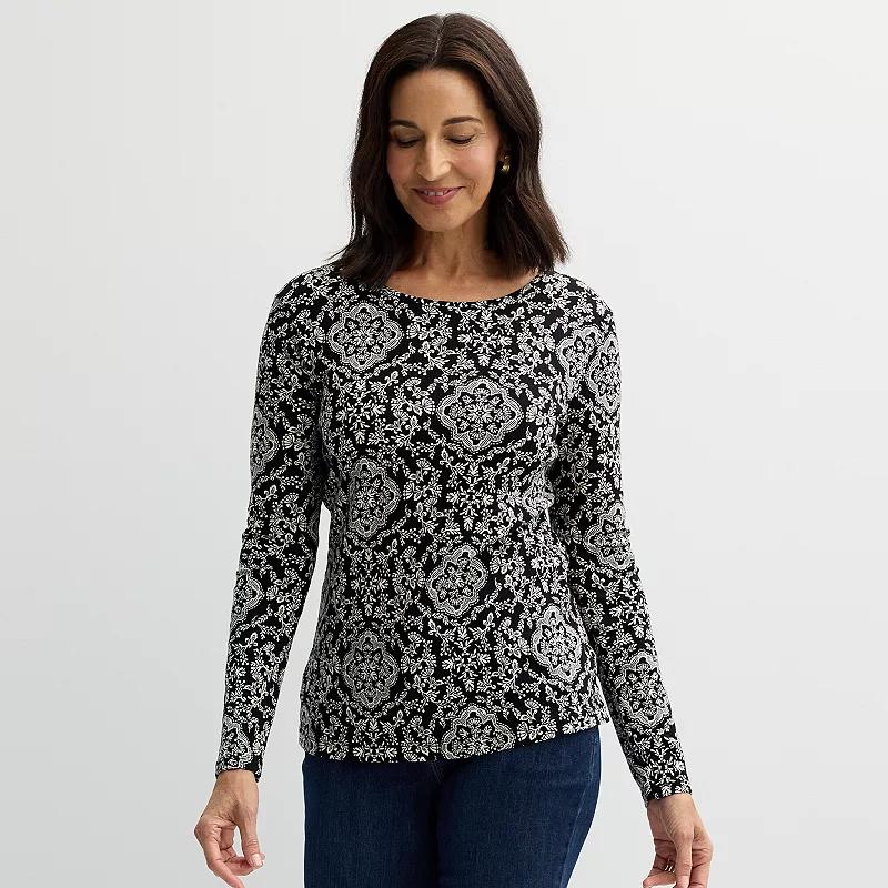 Women's Croft & Barrow® Essential Long-Sleeve Crewneck Tee, Size: Large, Black Medallion Product Image