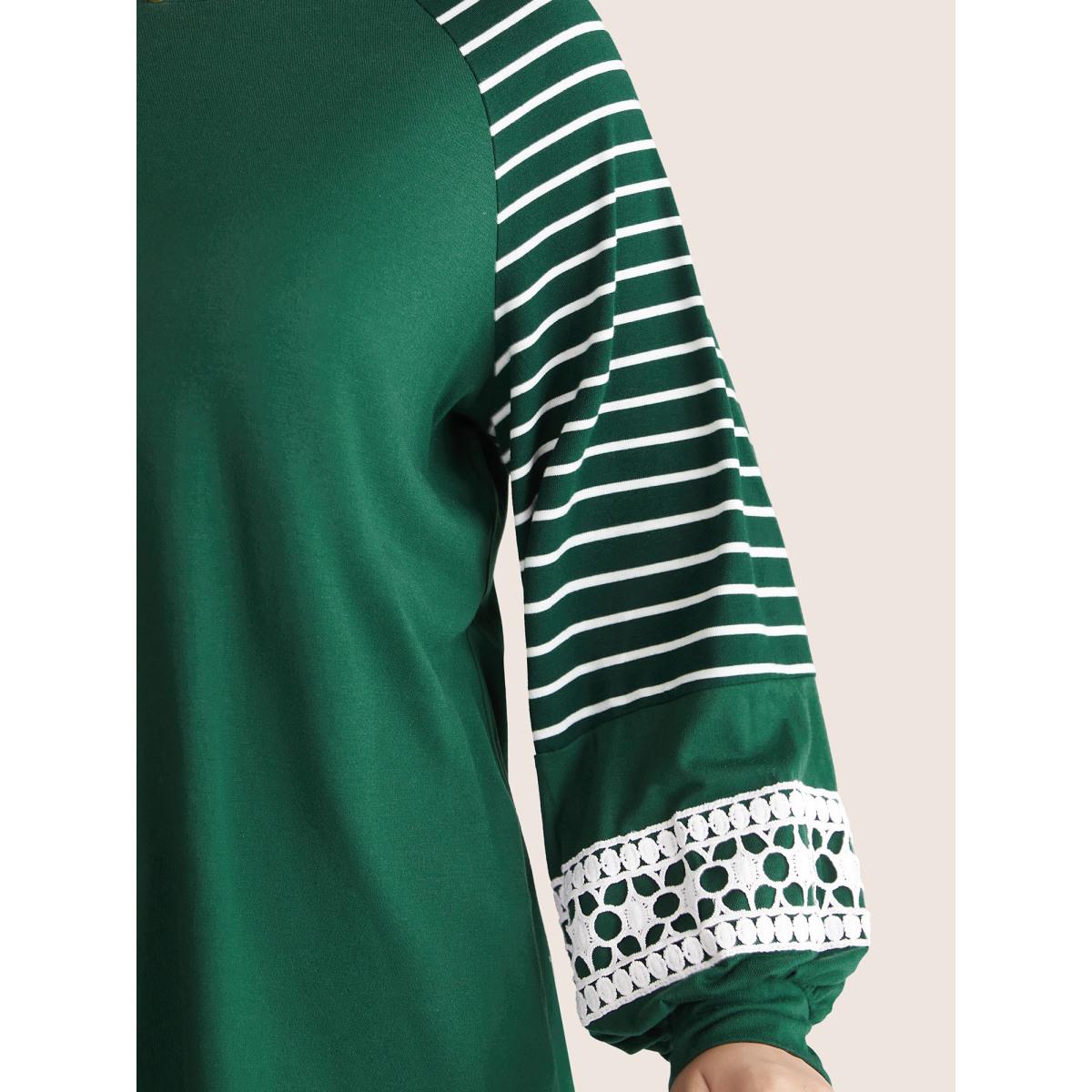 Plus Size Striped Guipure Lace Raglan Sleeve T-shirt DarkGreen Women Elegant Plain Striped Round Neck Dailywear T-shirts BloomChic 14-16/1X Product Image