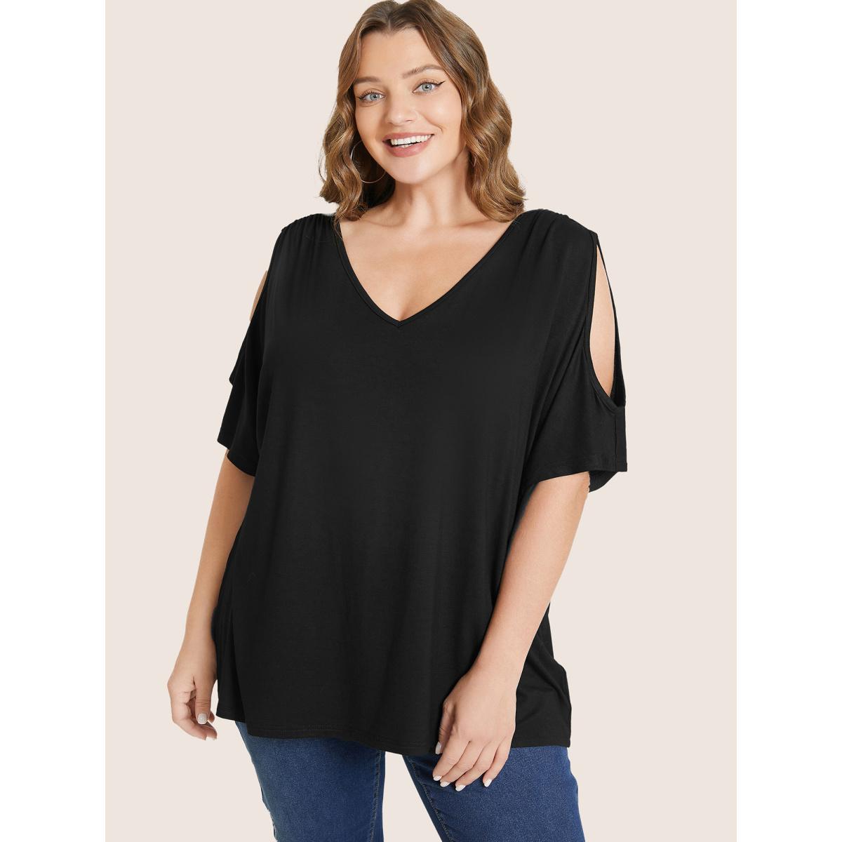 Plus Size Plain Cut Out V Neck T-shirt Black Women Elegant Cut-Out Plain V-neck Everyday T-shirts BloomChic 22-24/3X Product Image