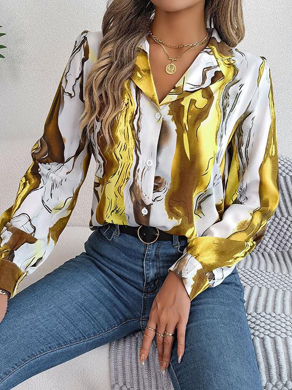 Long Sleeves Loose Buttoned Printed Notched Collar Blouses&Shirts Tops Product Image