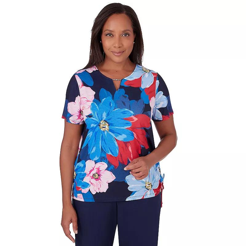 Women's Alfred Dunner Dramatic Flower Print Ruched Short Sleeve Top, Size: Medium, Multi Blue Product Image