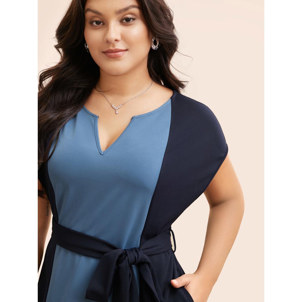 Plus Size Notched Contrast Patchwork Belted Dress Indigo Women At the Office Belted Flat collar with V-notch Cap Sleeve Curvy BloomChic 30/6X Product Image