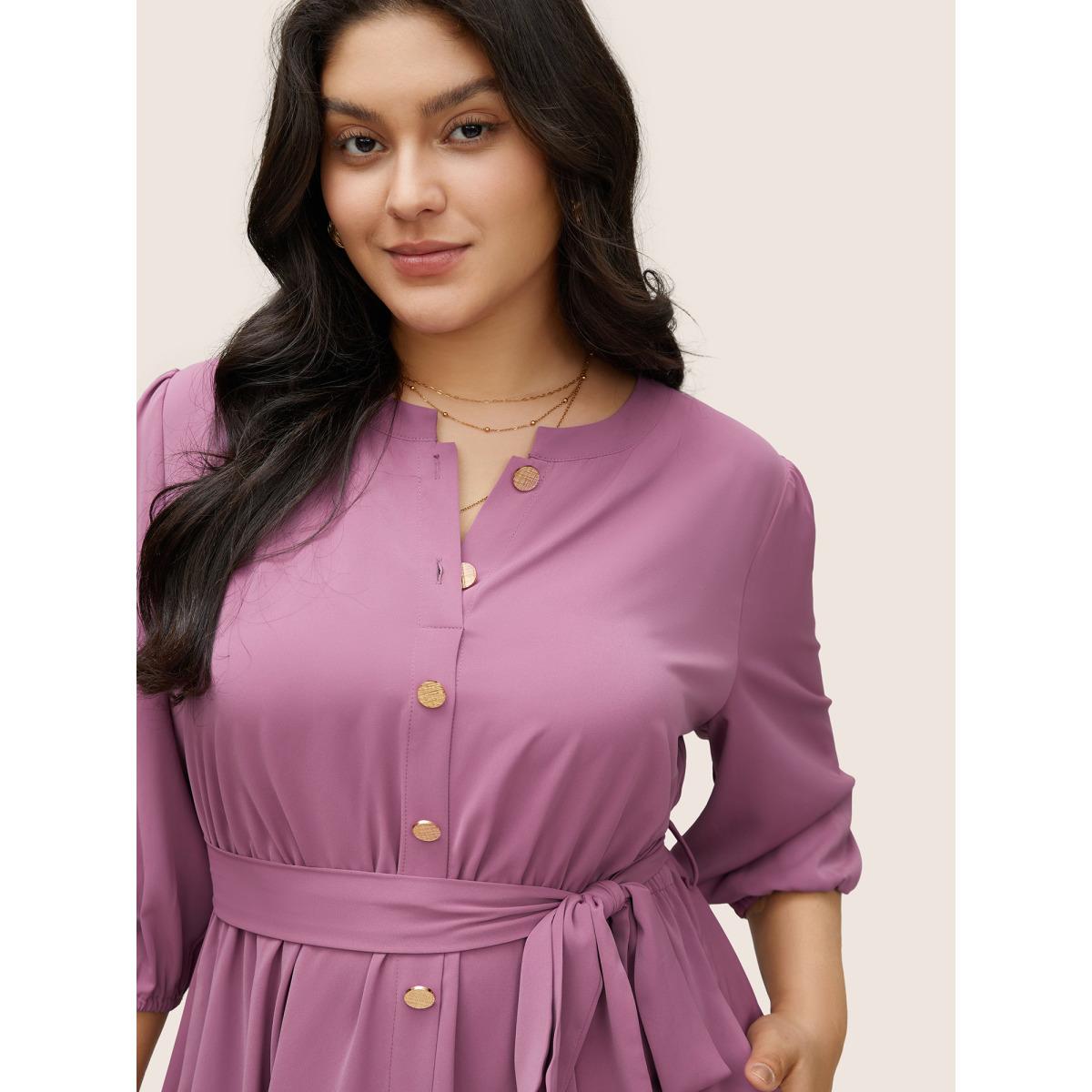 Plus Size Notched Button Through Elastic Waist Belted Dress Mauve Women At the Office Non Notched collar Elbow-length sleeve Curvy Midi Dress BloomChic 12/L Product Image