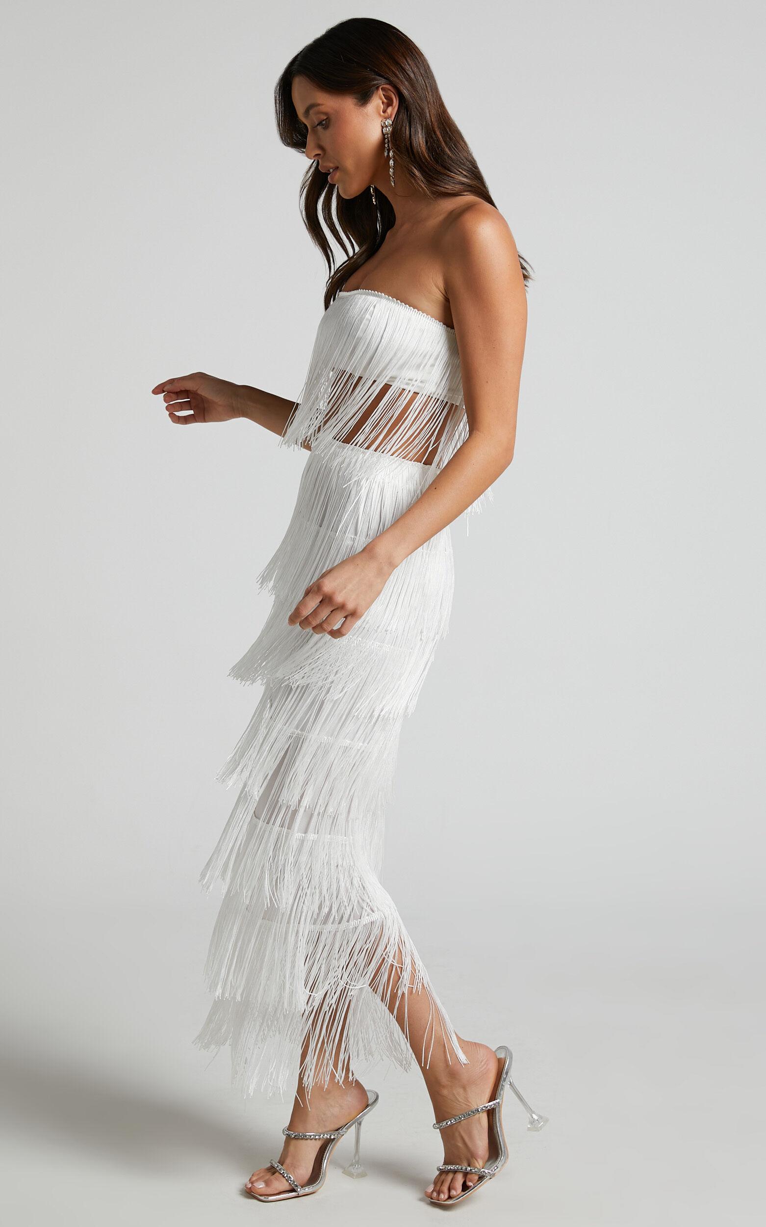 Amalee Two Piece Set - Fringe Strapless Crop Top and Midi Skirt Set in White Product Image