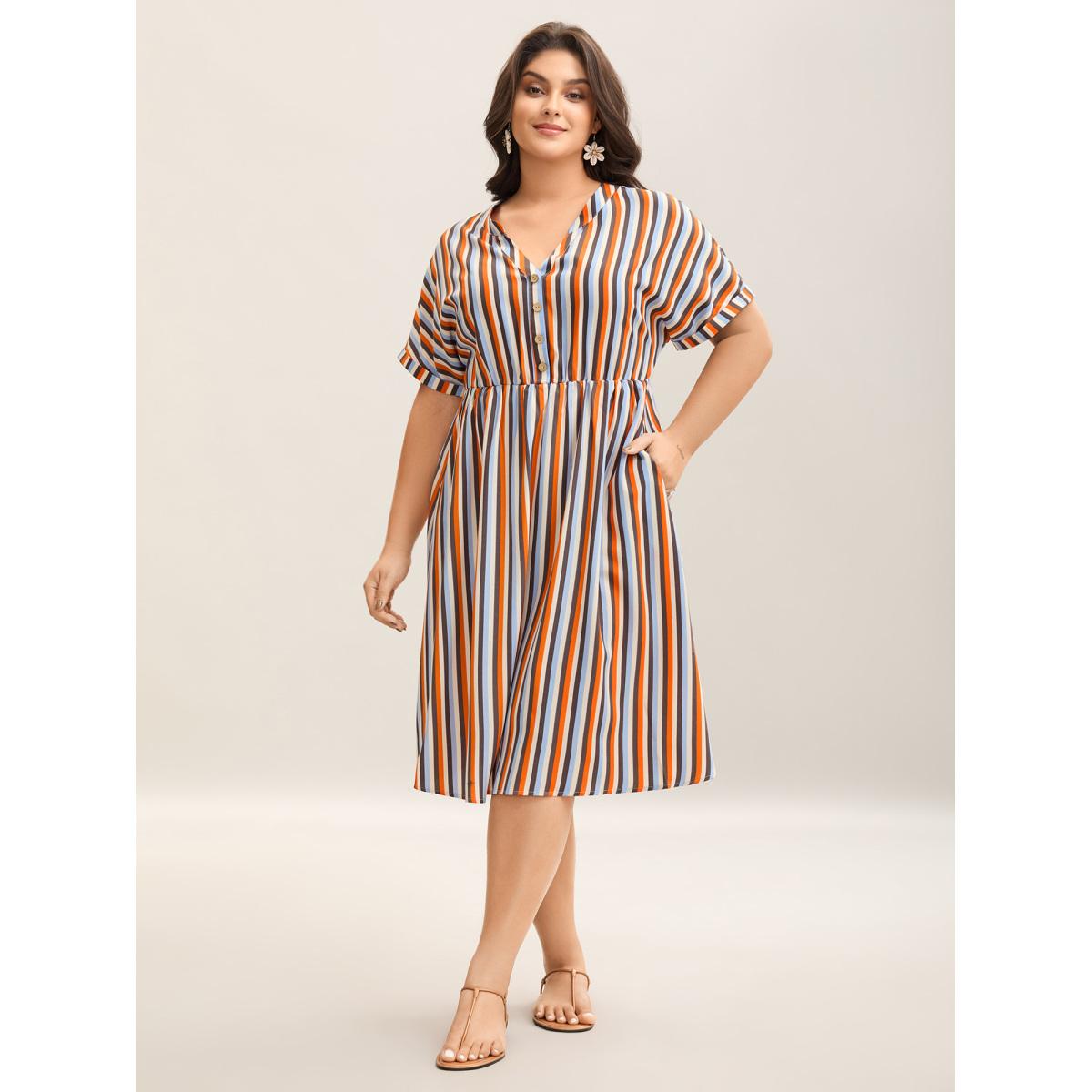 Plus Size Stripes Notched Collar Pockets Midi Dress Multicolor Women Round Neck Cap Sleeve Curvy BloomChic 12/L Product Image