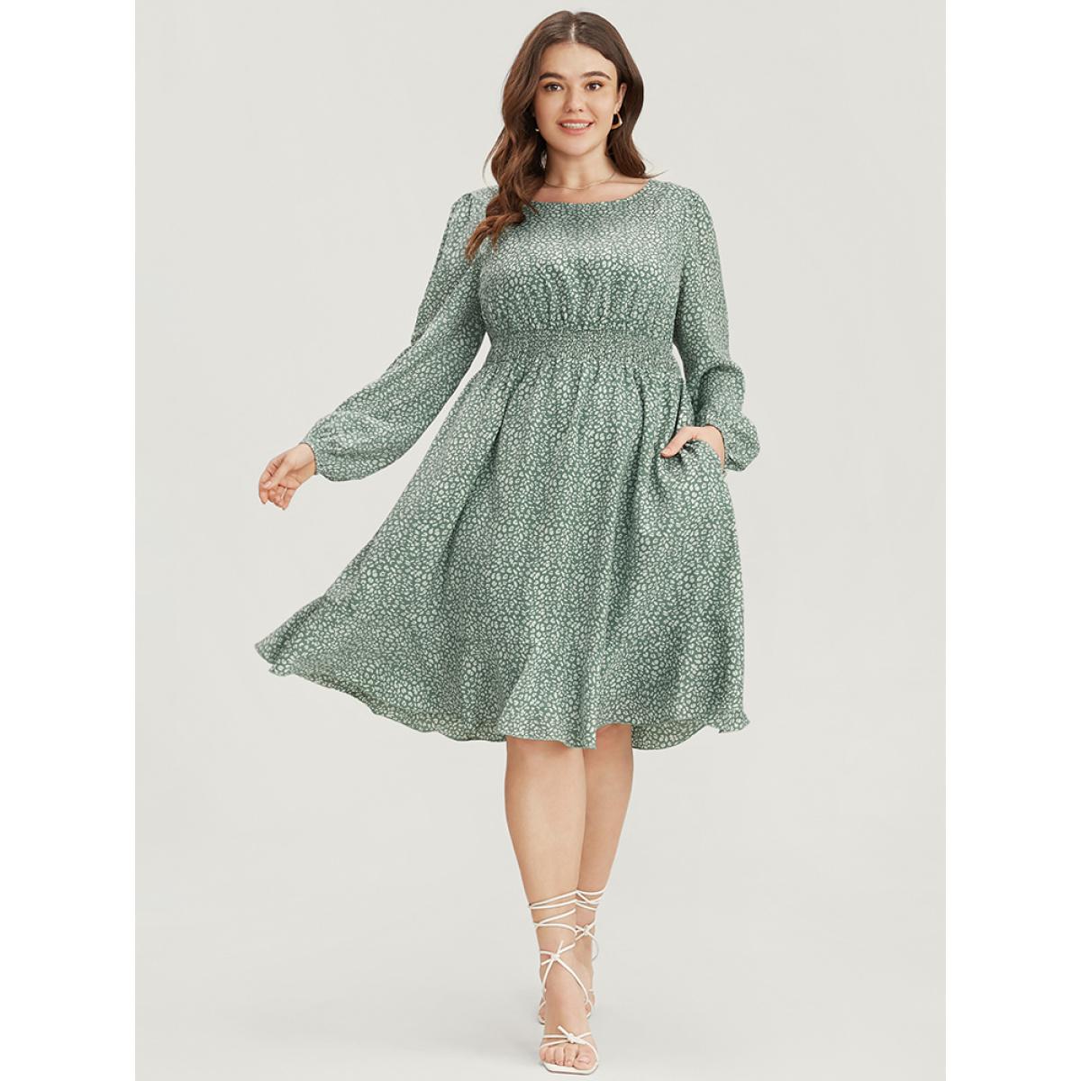 Plus Size Leopard Print Lantern Sleeve Shirred Pocket Flutter Knee Dress Green Women Elegant Elastic Waist Round Neck Long Sleeve Curvy Knee Dress BloomChic 26/4X Product Image