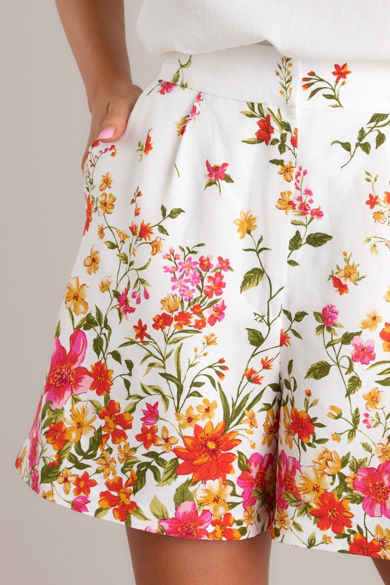 Golden Afternoon Ivory Floral Linen Shorts Product Image