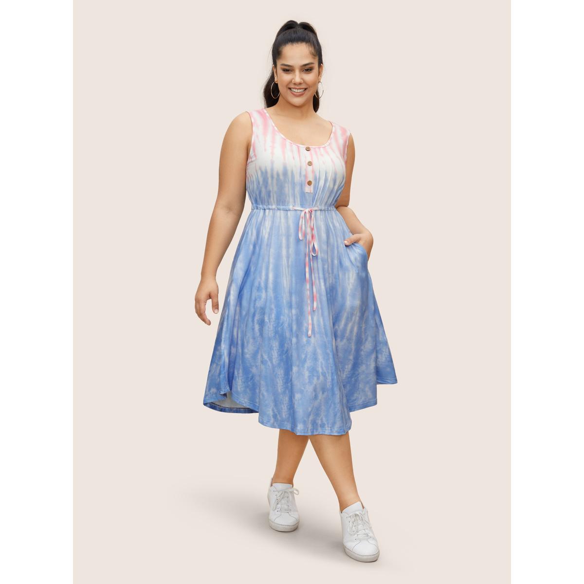 Plus Size Tie Dye Round Neck Drawstring Pleated Dress MistyRose Women Casual Drawstring Round Neck Sleeveless Curvy BloomChic 14-16/1X Product Image