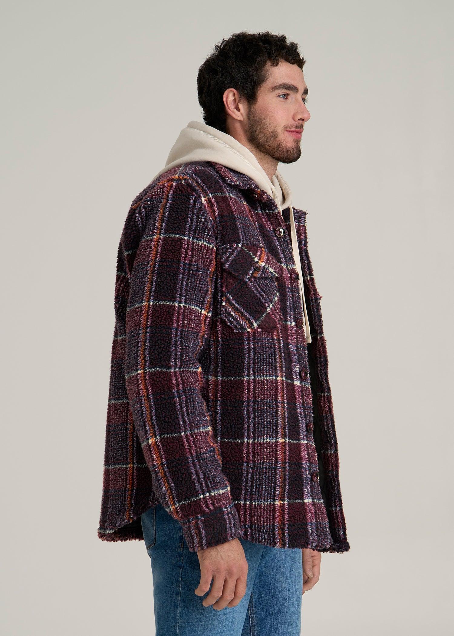 Sherpa Shirt Jacket for Tall Men in Burgundy and Navy Plaid Male Product Image