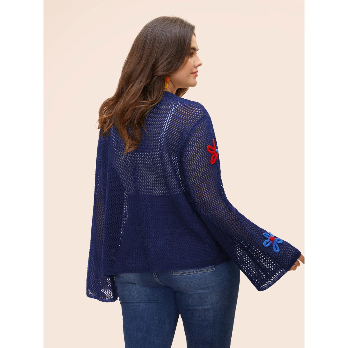 Plus Size Knit Floral Front Tie Cardigan Indigo Women Playful Loose Long Sleeve Casual Cardigans BloomChic 14-16/1X Product Image