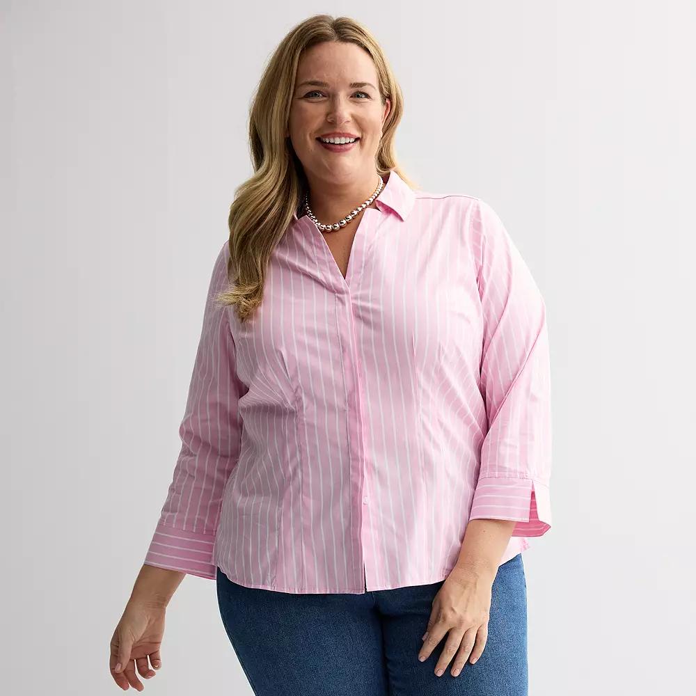 Plus Size Croft & Barrow® Tailored Button Front Shirt, Women's, Size: 1XL, Pink Casual Stripe Product Image