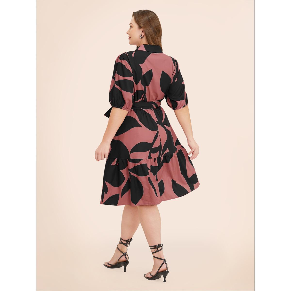Plus Size Plant Pocket Puff Sleeve Belt Ruffle Hem Button Up Dress Multicolor Women Office Belted Shirt collar Short sleeve Curvy Knee Dress BloomChic 14-16/1X Product Image