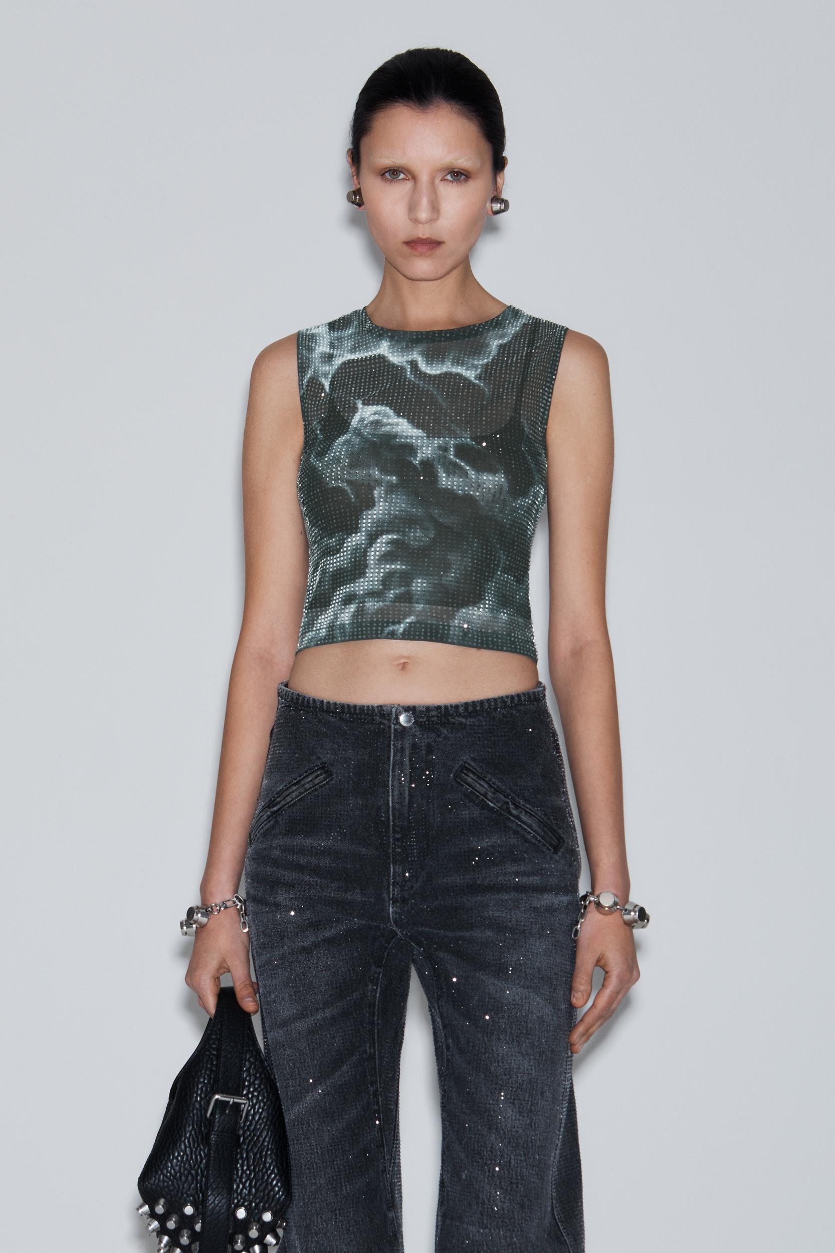 Clear Crystal Hotfix Moto Pant In Cotton Denim Product Image