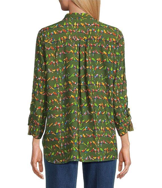 John Mark Woven Parrot Print Wire Collar 3/4 Cinched Tie Sleeve Hi Low Hem Button Front Tunic Product Image