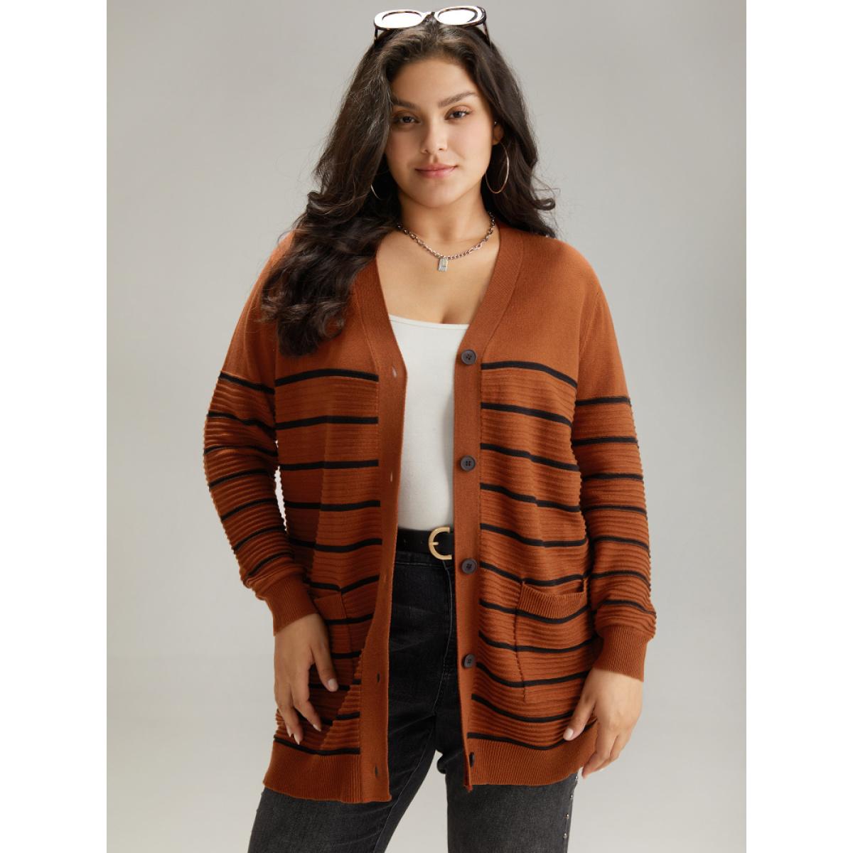 Plus Size Striped Button Down Patched Pocket Cardigan Rust Women Casual Loose Long Sleeve Everyday Cardigans BloomChic 10/M Product Image