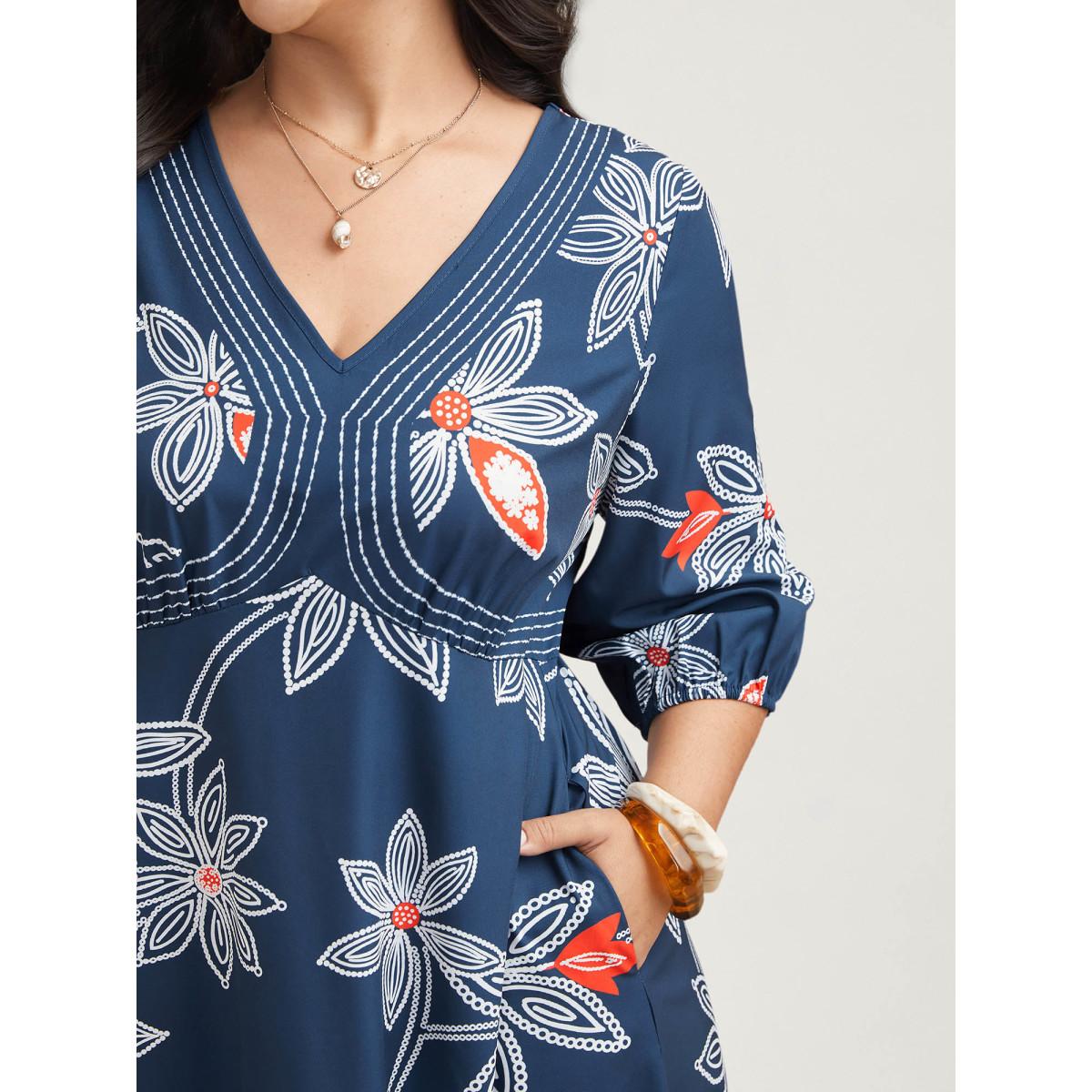 Plus Size Boho Floral Arc Neck Waist-Cinched Dress DarkBlue Women Resort Gathered V-neck Elbow-length sleeve Curvy BloomChic 30/6X Product Image