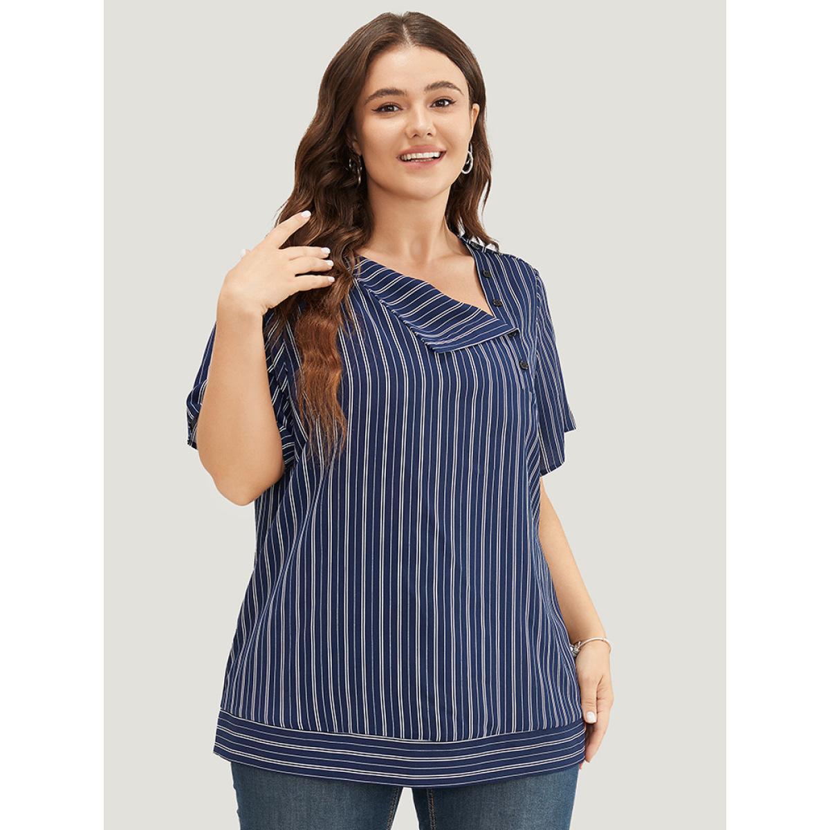 Plus Size DarkBlue Striped Print Asymmetrical Neck Blouse Women Office Short sleeve Asymmetrical Neck Work Blouses BloomChic 26/4X Product Image