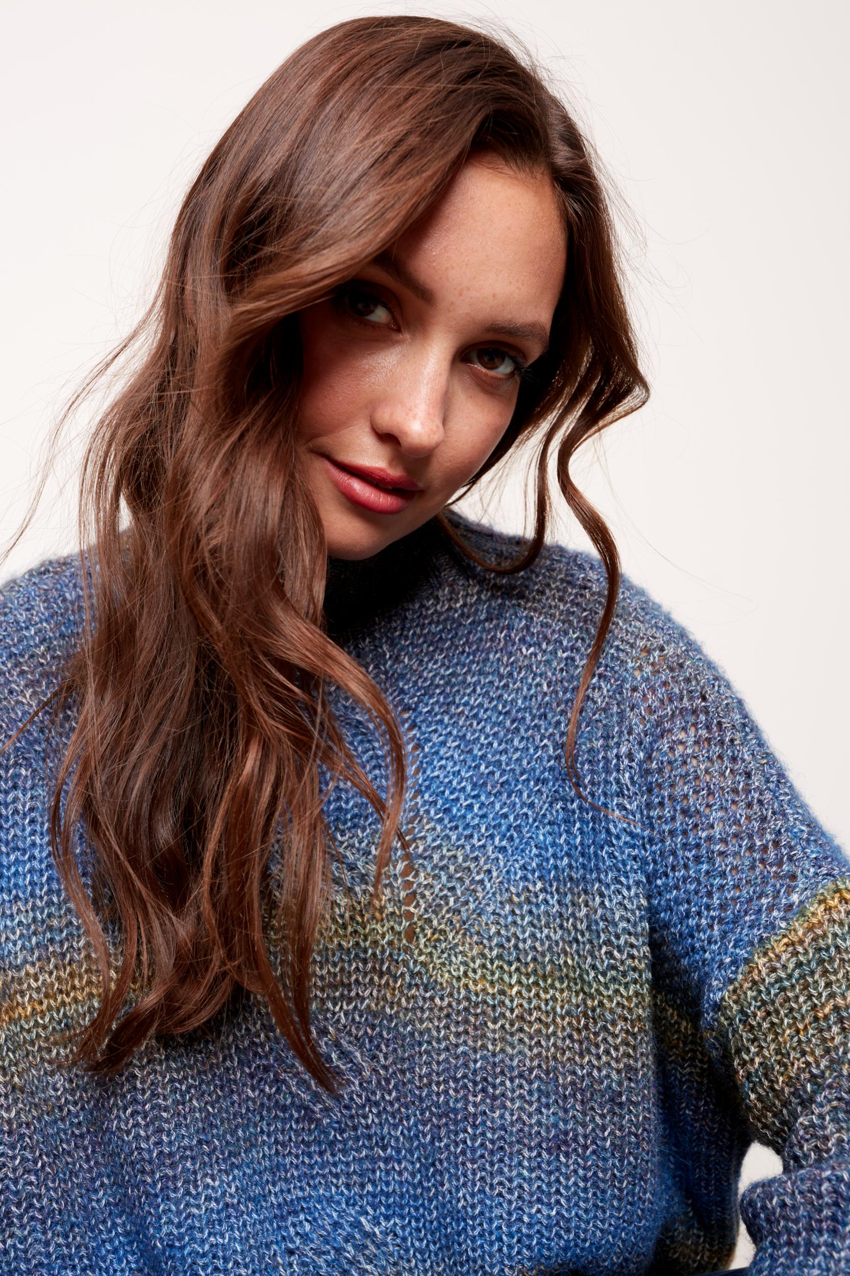 Funnel Neck Sweater with Cable and Decorative Stitches Product Image